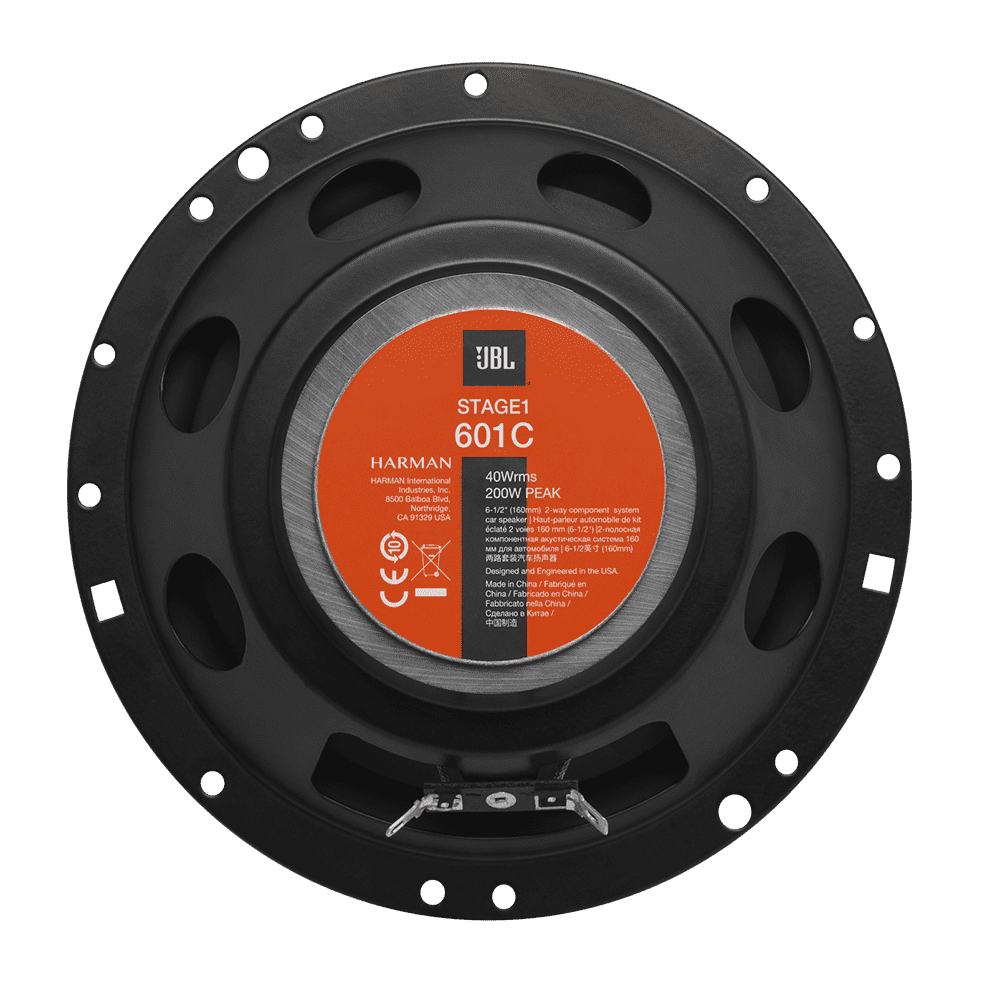 Een zwarte JBL-luidspreker met een oranje midden, met productinformatie en het JBL-logo. Het heeft een cirkelvormige vorm met gaten.