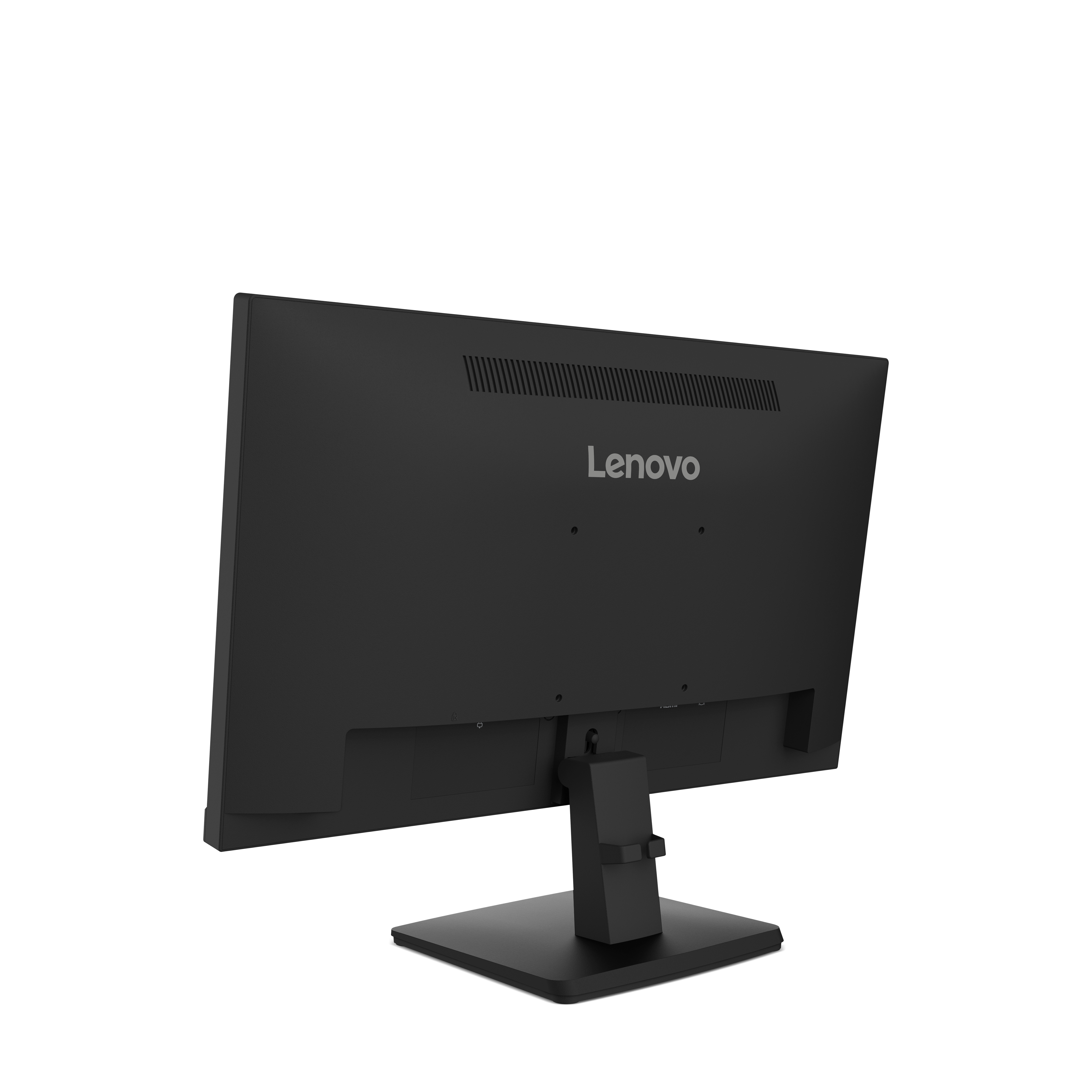 Widok z tyłu czarnego monitora Lenovo na czarnym stojaku, na białym tle. Widoczne logo Lenovo.