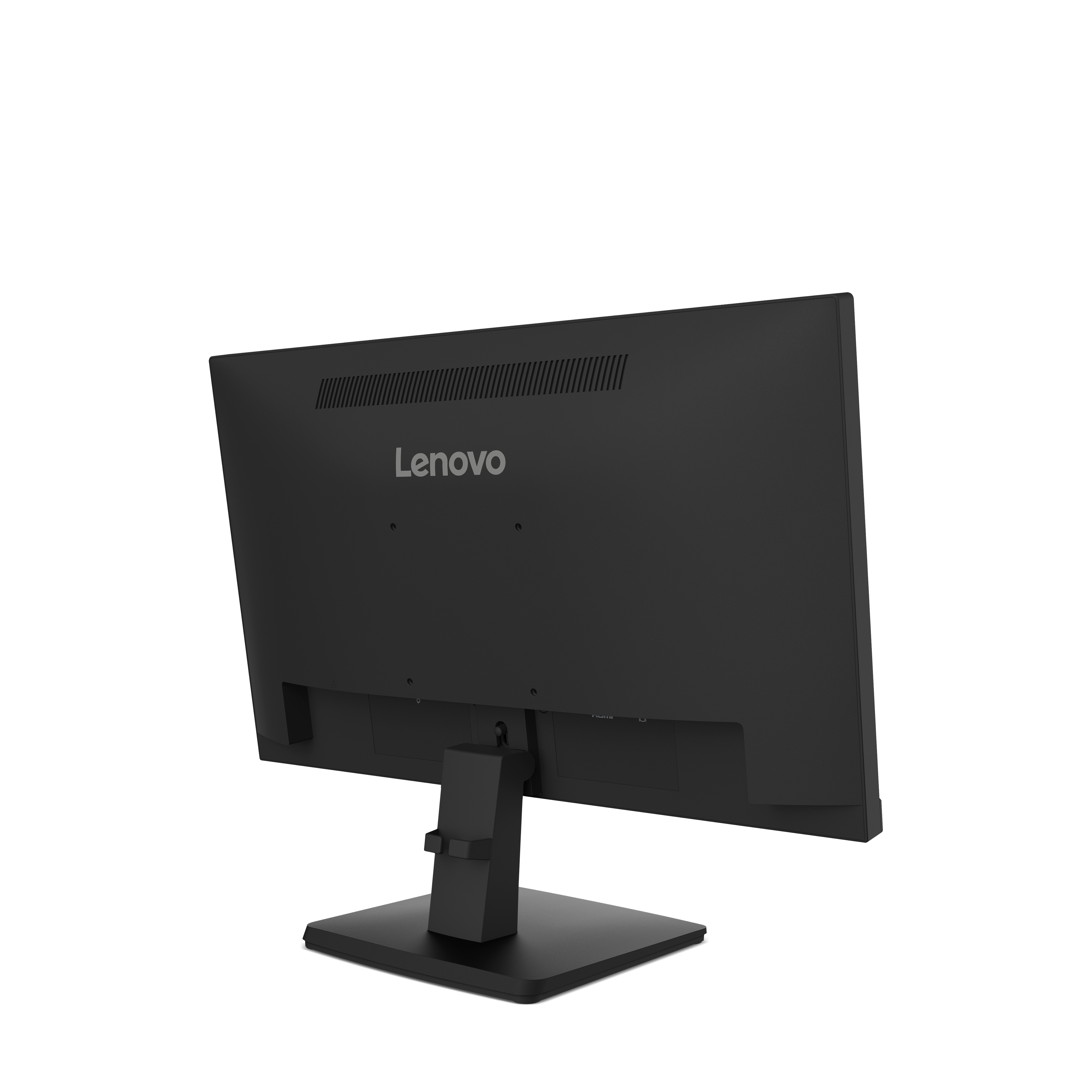 Widok z tyłu czarnego monitora Lenovo na białym tle. Podstawa jest czarna.