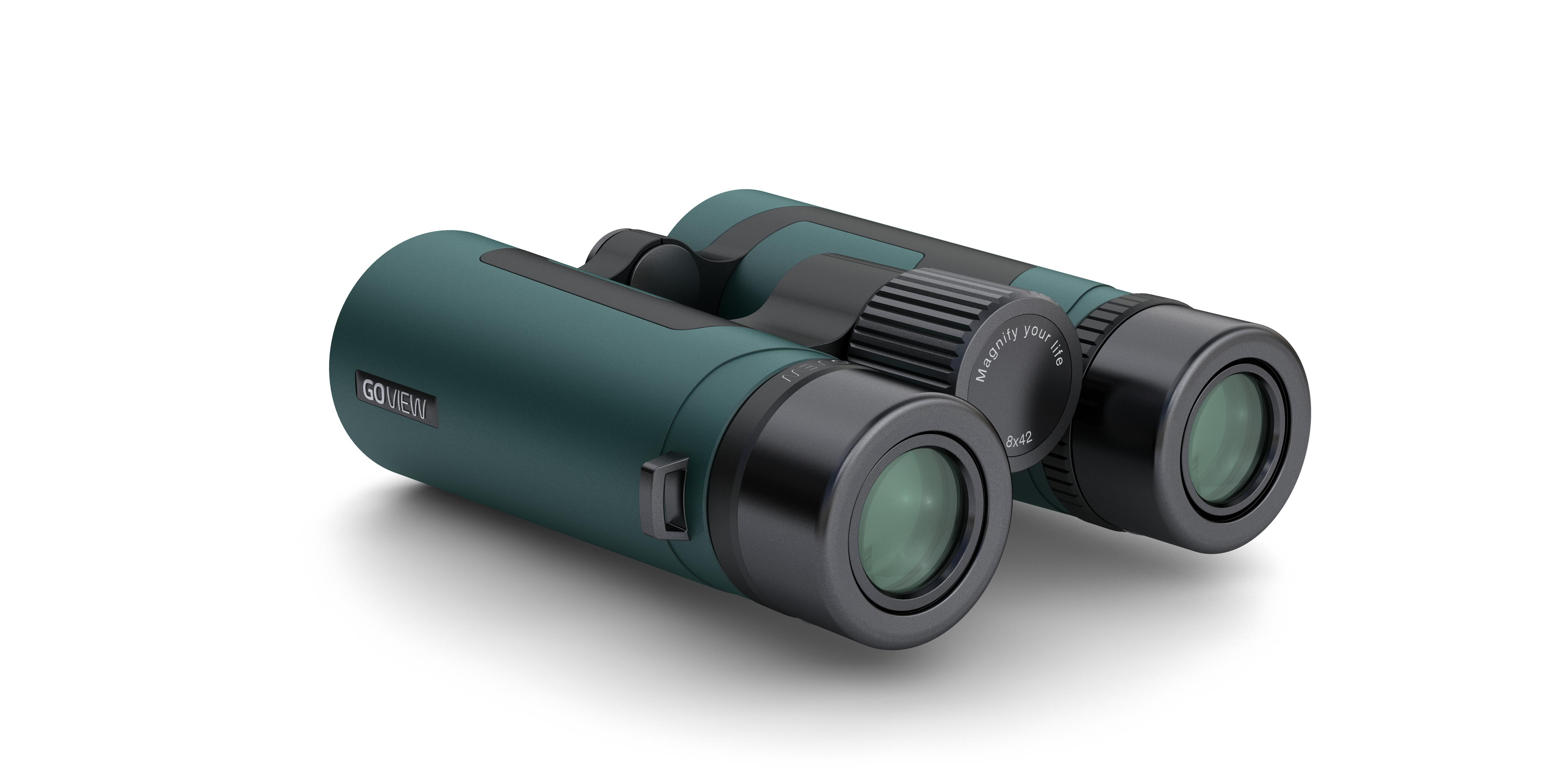 Binocolo verde e nero su una superficie bianca. Il marchio 'GO VIEW' è visibile. È visibile anche il testo 'Magnify your life'.