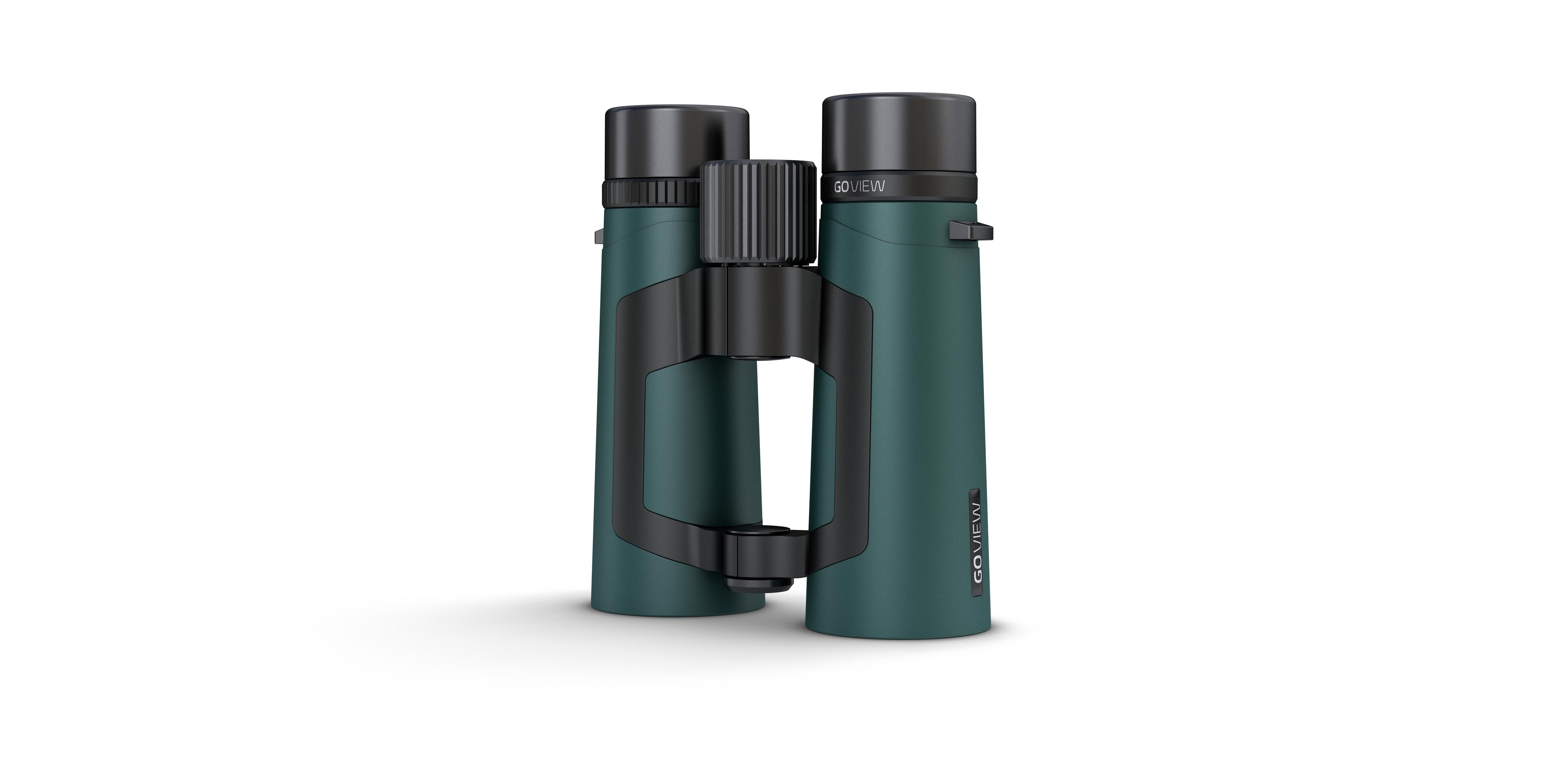 Binocolo verde su sfondo bianco. Dettagli neri e meccanismo di messa a fuoco centrale. Il marchio è GO VIEW.