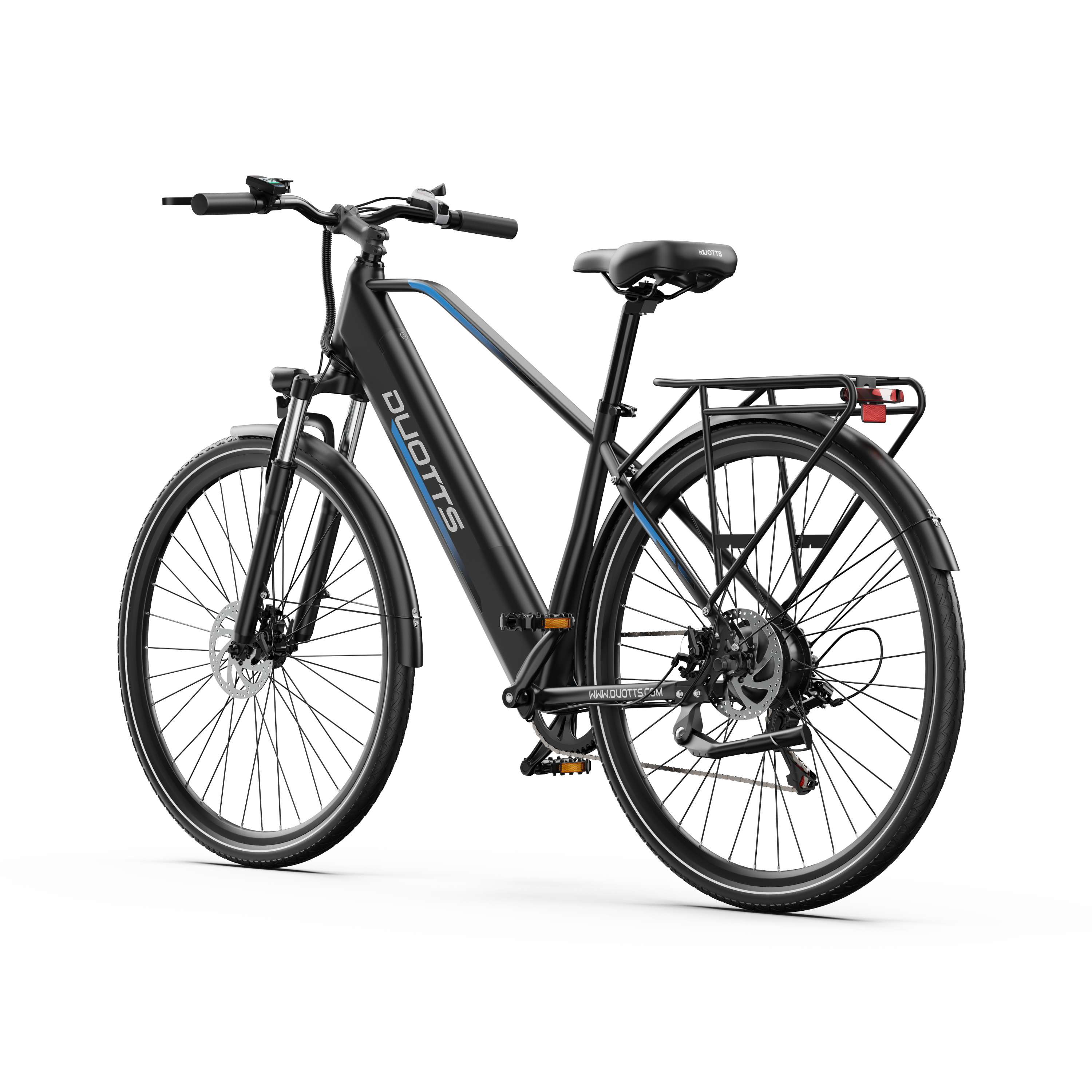 Bicicletta elettrica nera con dettagli blu, portapacchi e pneumatici neri, su sfondo bianco.