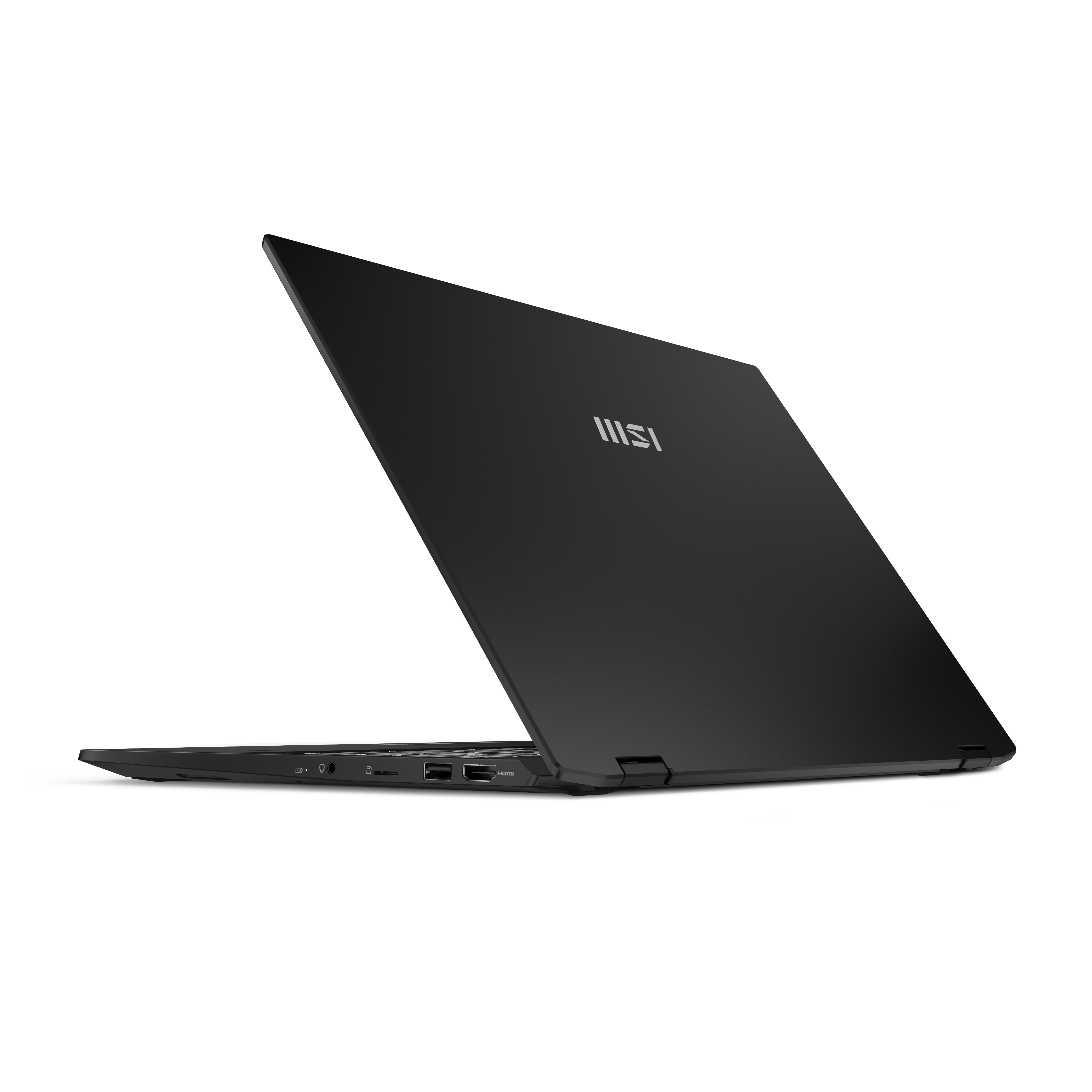 Czarny laptop, częściowo otwarty, na białej powierzchni. Logo MSI na pokrywie.