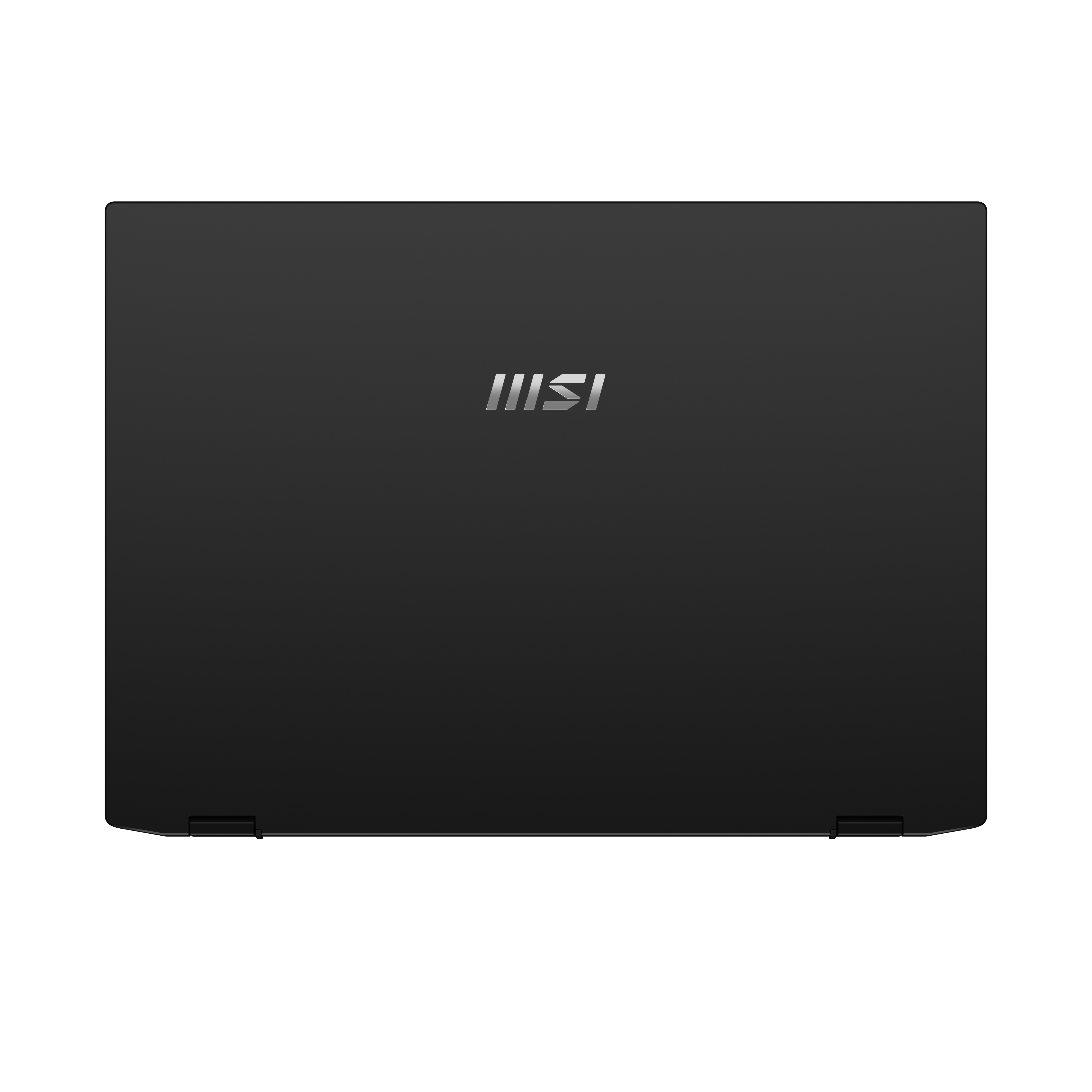 Zamknięty czarny laptop z srebrnym logo MSI jest wyśrodkowany na białym tle.