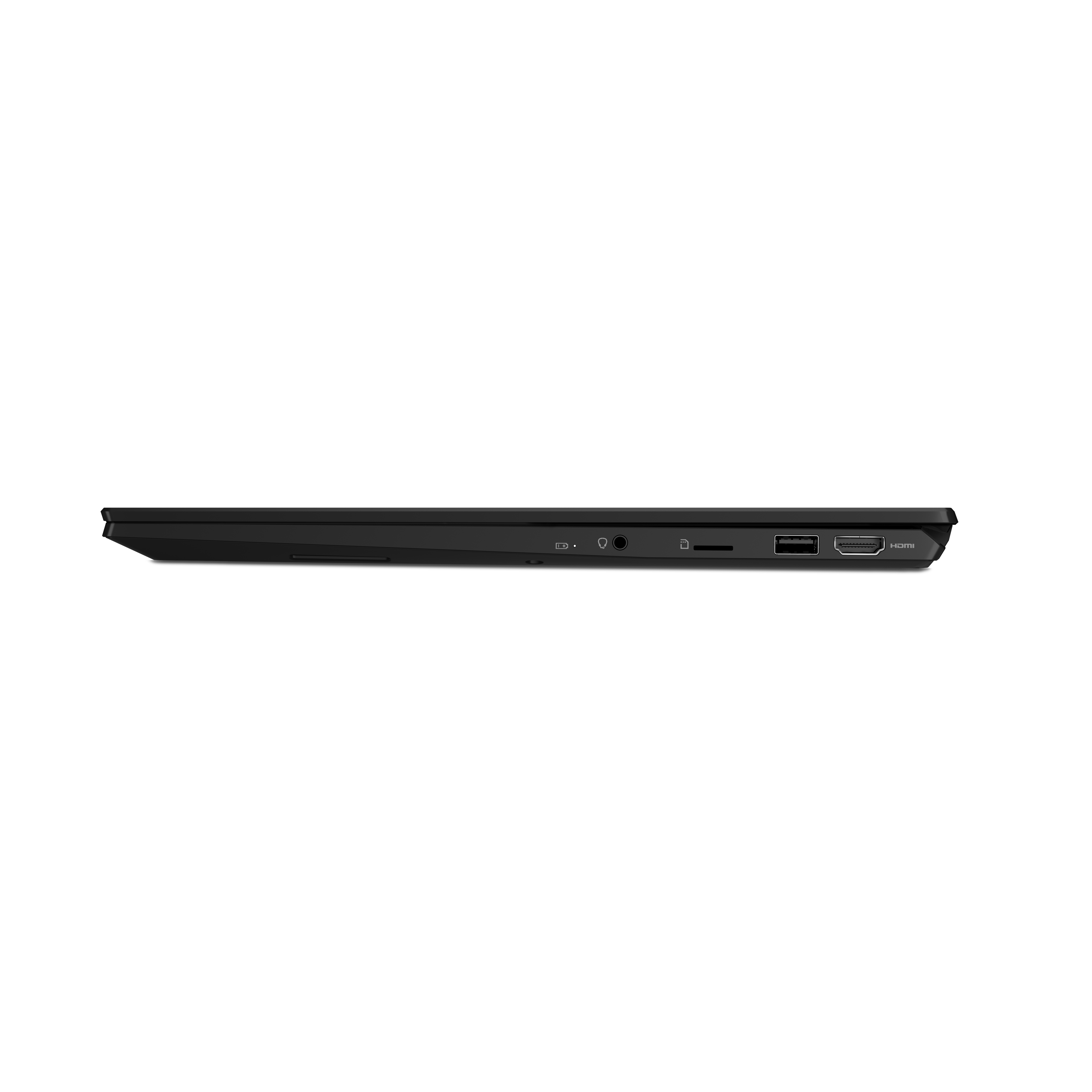 Widok z boku czarnego laptopa. Widoczne porty to wejście zasilania, gniazdo audio, USB, gniazdo kart SD i HDMI.