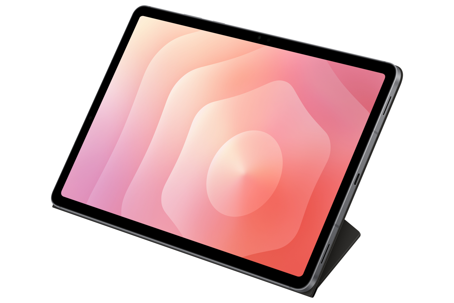 Tablet z różowo-pomarańczowym gradientem na ekranie, oparty o ciemne etui, na białym tle.