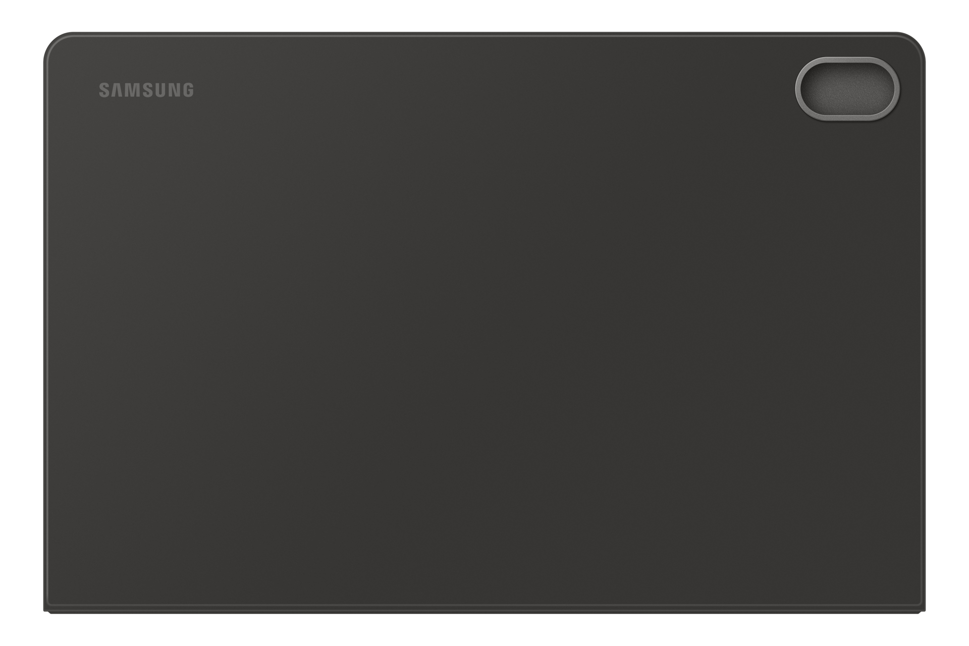 Ciemnoszary tablet, logo Samsung w lewym górnym rogu, aparat w prawym górnym rogu. Zaokrąglone rogi i krawędzie.
