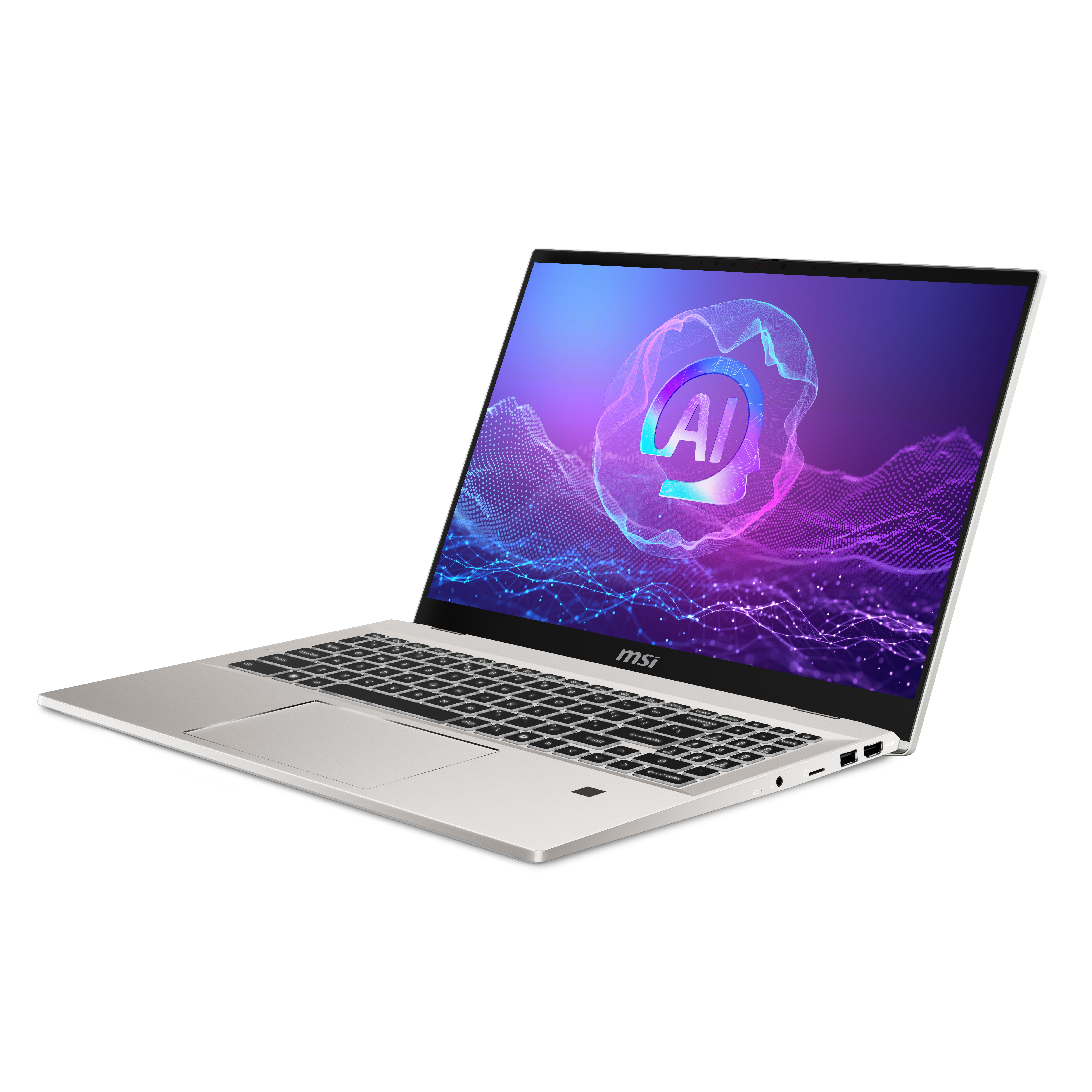 Ein silberner Laptop mit einem Bildschirm, der eine KI-Grafik anzeigt. Der Laptop ist auf einer weißen Oberfläche angewinkelt.