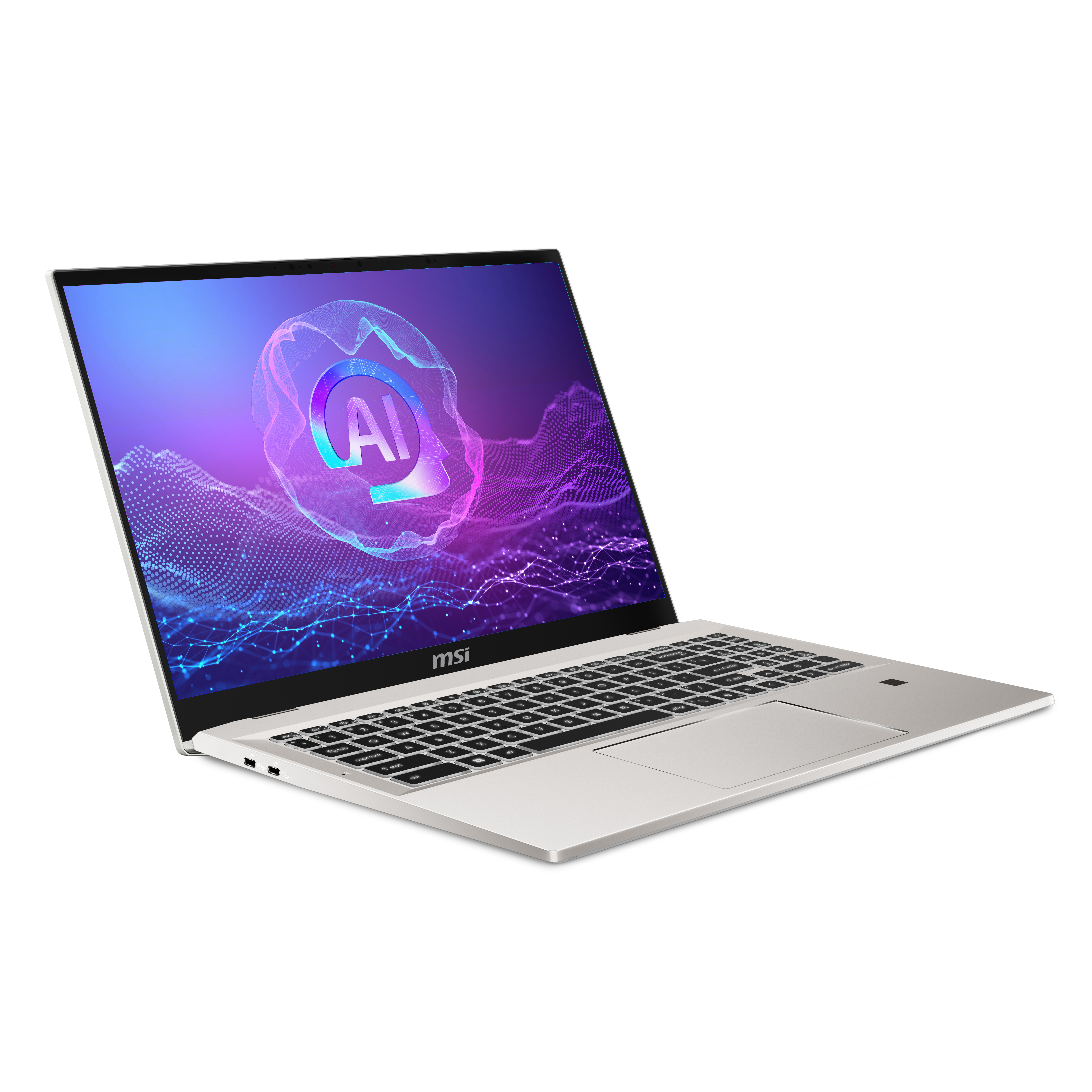 Silberner Laptop mit geöffnetem Bildschirm, der ein KI-Logo anzeigt. Weißer Hintergrund. MSI-Logo.