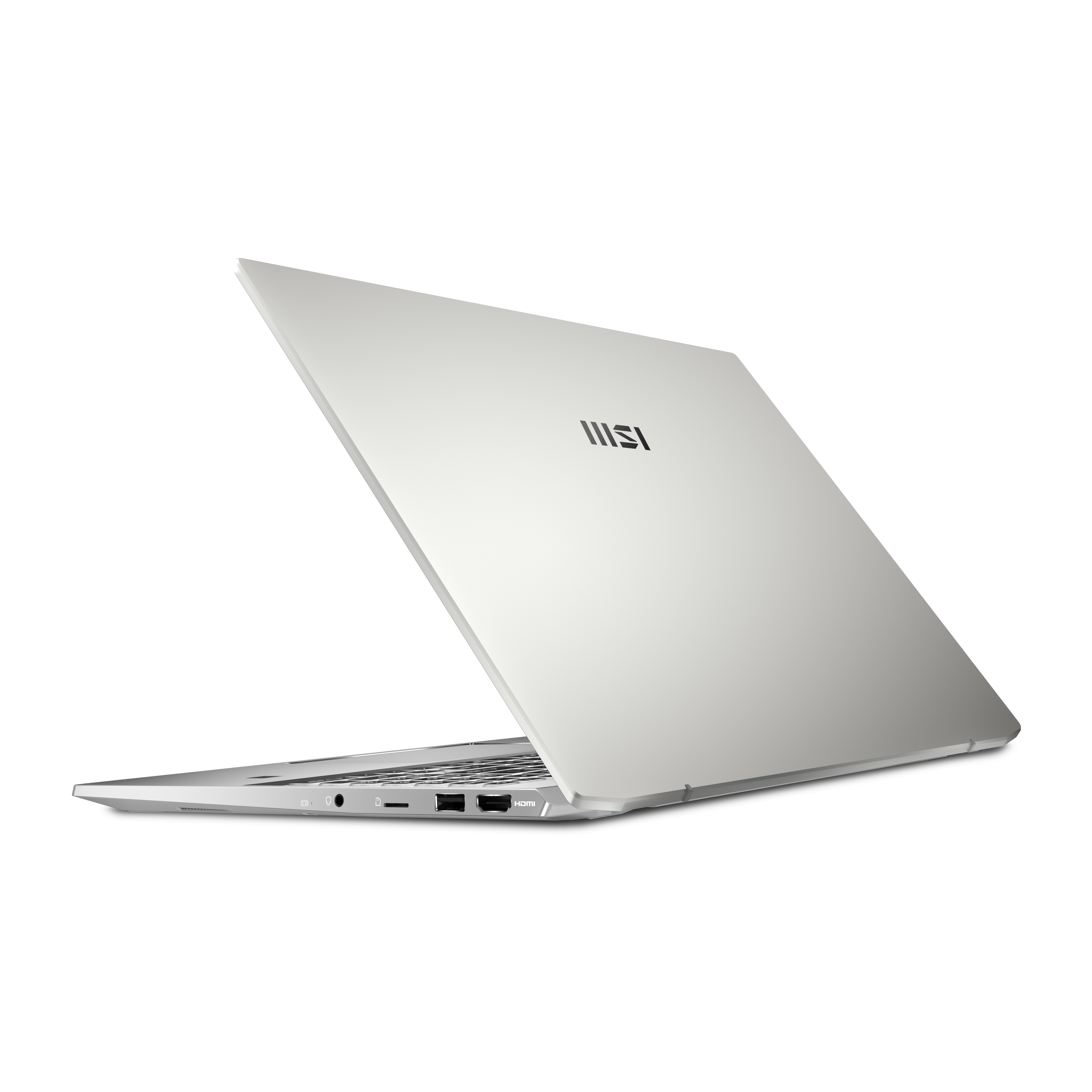Ein silberner Laptop ist geöffnet. Das MSI-Logo ist sichtbar. HDMI-Anschluss befindet sich an der Seite. Der Hintergrund ist weiß.