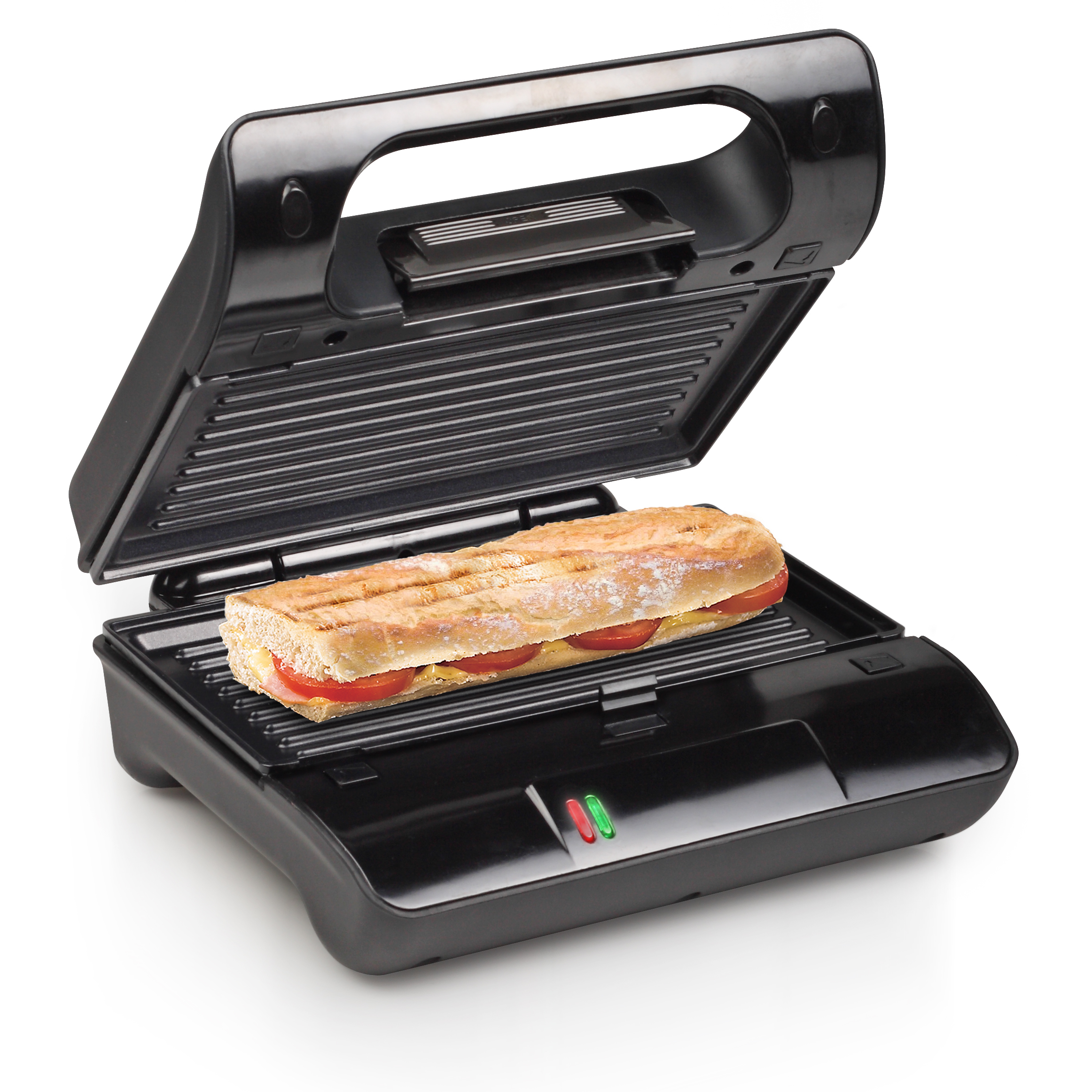 Una piastra per panini nera con un panino dentro. Ha luci rosse e verdi.