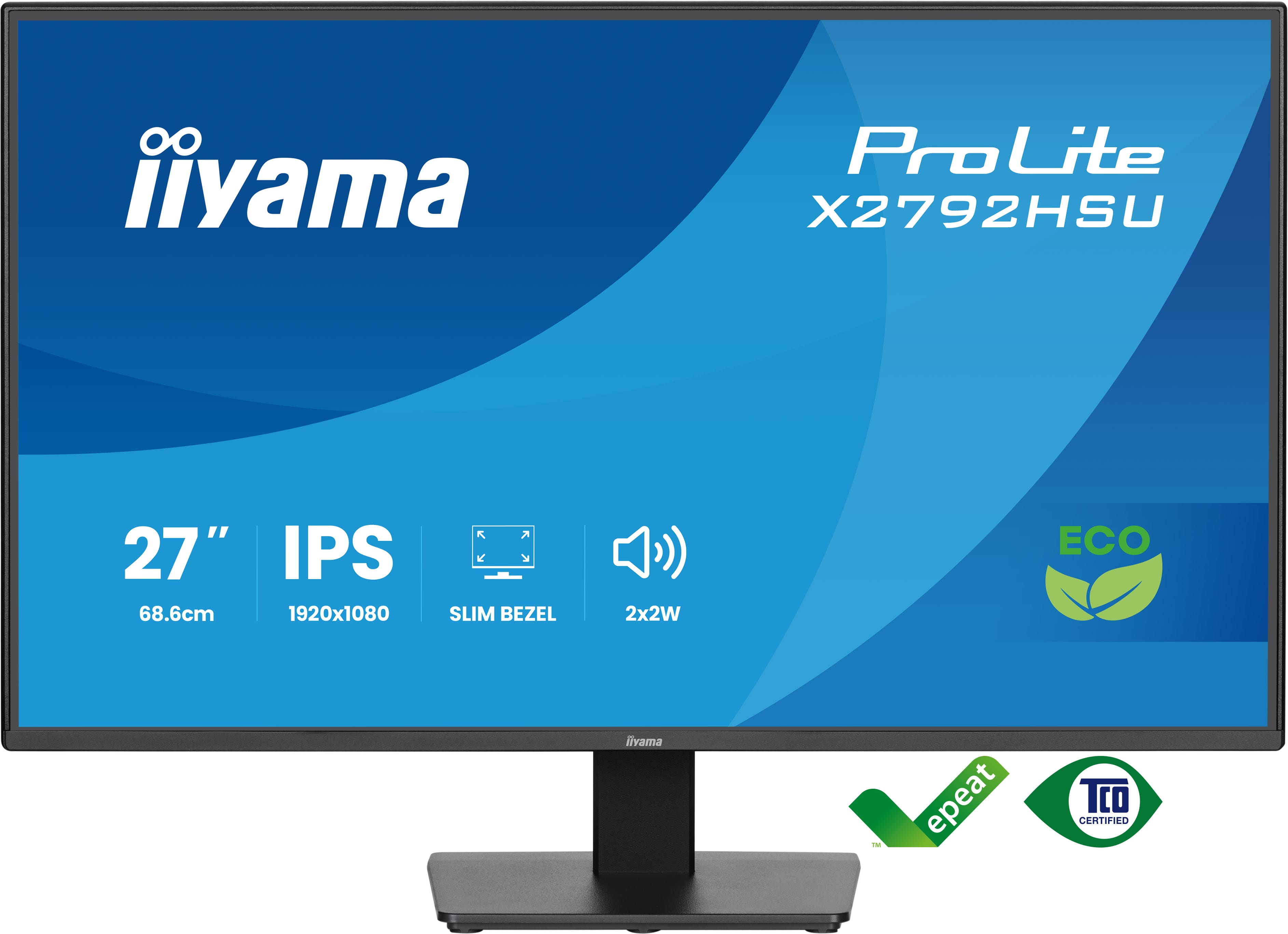 Monitor Iiyama ProLite, model X2792HSU, z niebieskim tłem, czarną podstawą oraz różnymi ikonami i tekstem.