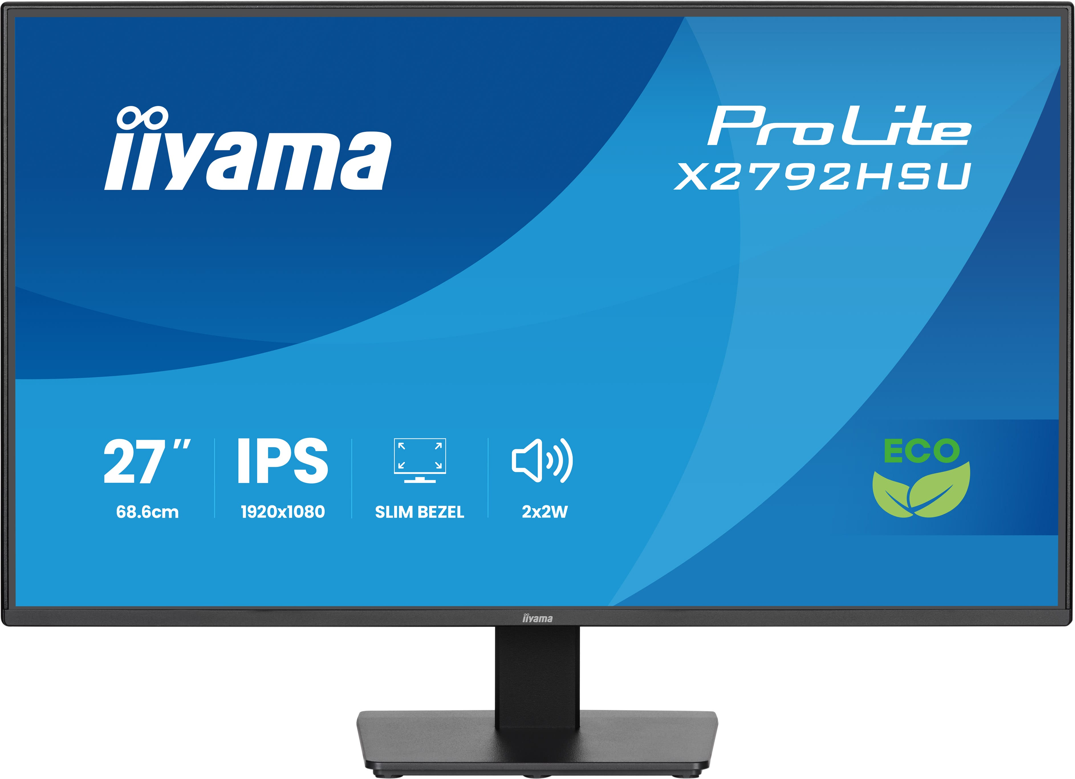 Monitor komputerowy marki iiyama, model X2792HSU, z niebieskim tłem i białym tekstem.