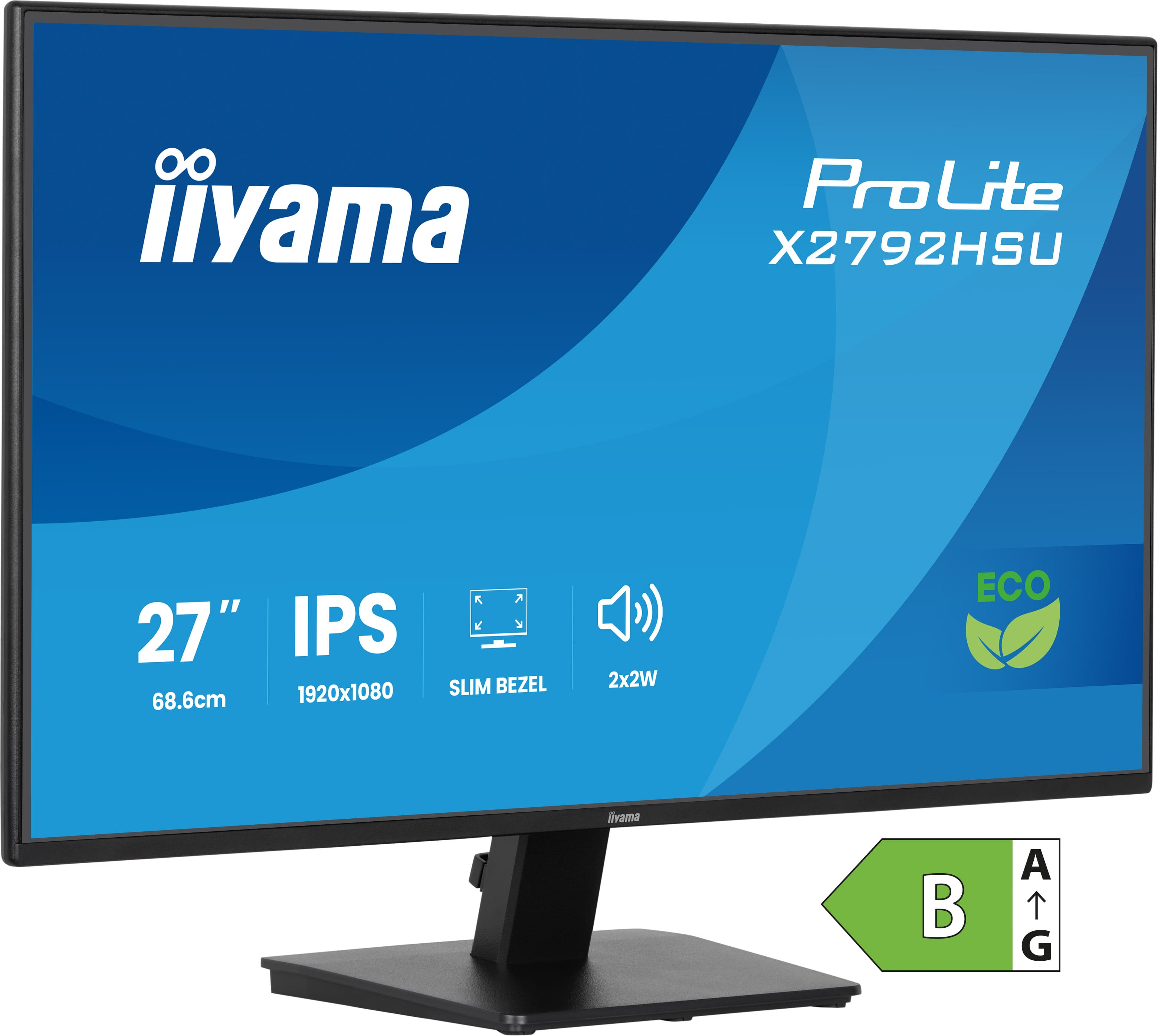 Monitor iiyama ProLite X2792HSU. Ma niebieski ekran, czarną ramkę i czarną podstawę. Widoczna jest etykieta energetyczna.