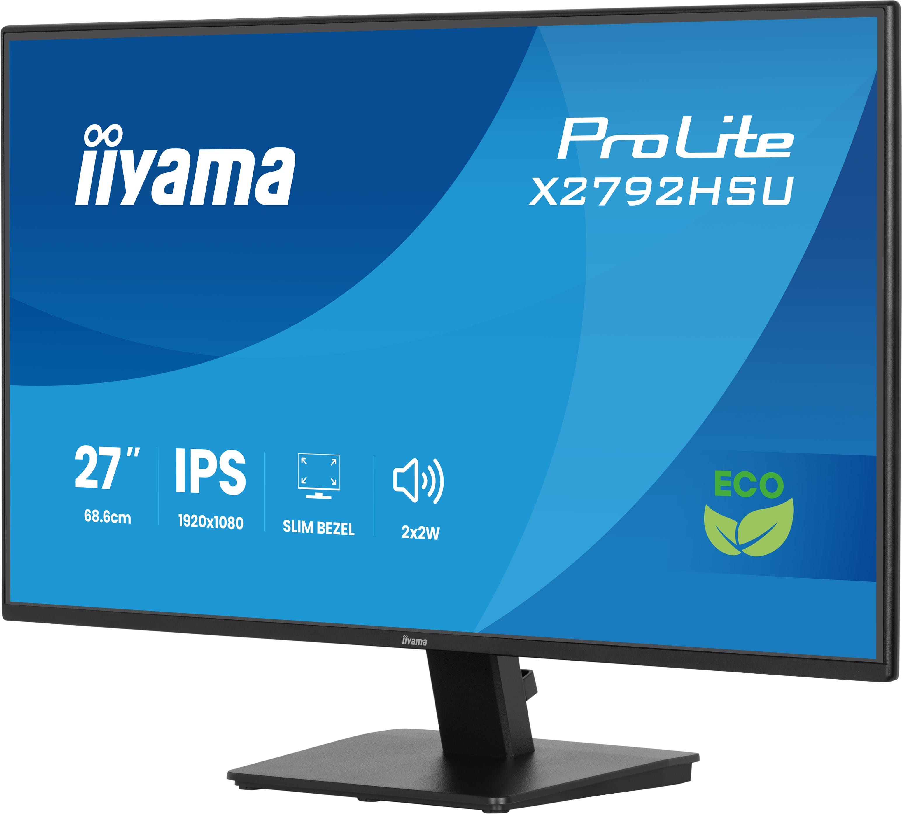 Monitor komputerowy z logo iiyama, modelem ProLite i specyfikacjami, w tym rozmiarem, rozdzielczością i etykietą ekologiczną.