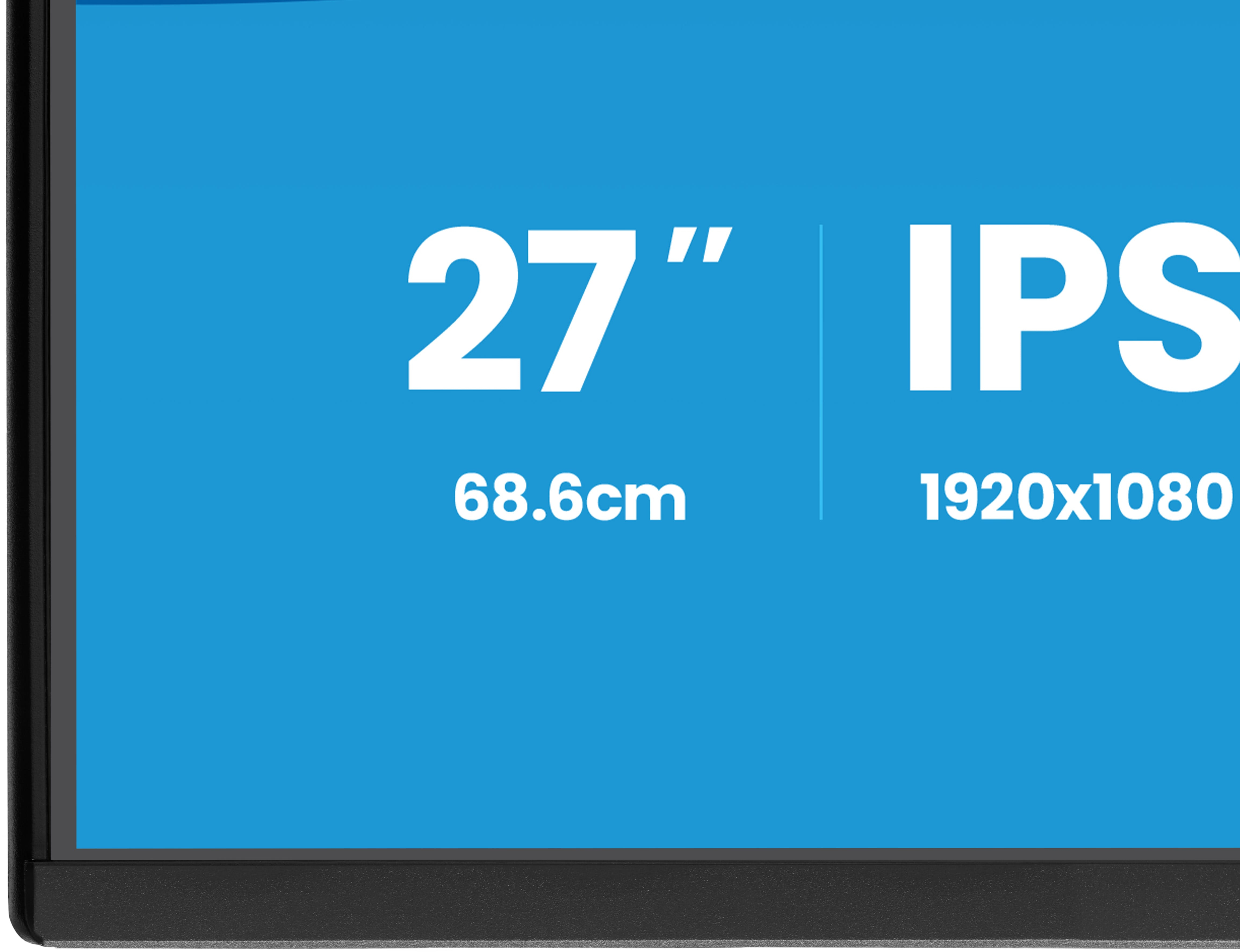 Monitor komputera z niebieskim ekranem. Pokazuje biały tekst: 27", IPS, 68,6 cm i 1920x1080.