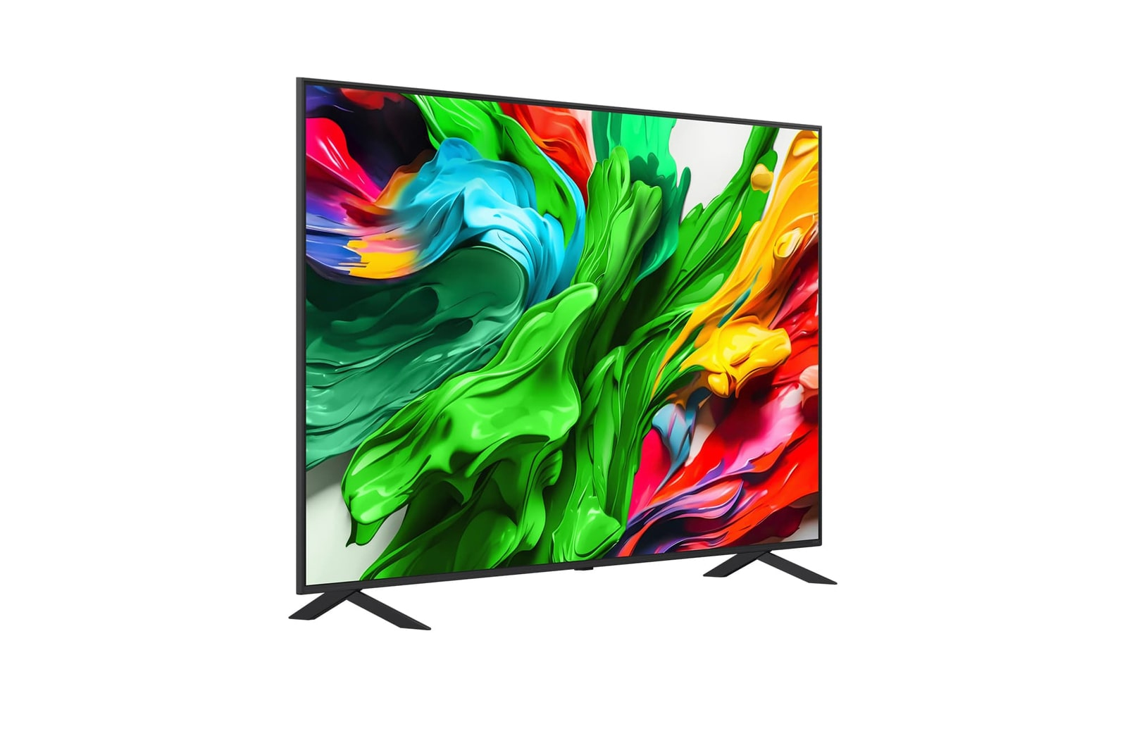 Telewizor z płaskim ekranem wyświetla abstrakcyjną sztukę w żywych kolorach: czerwonym, zielonym, niebieskim i żółtym. Telewizor ma czarne nogi i ramę.