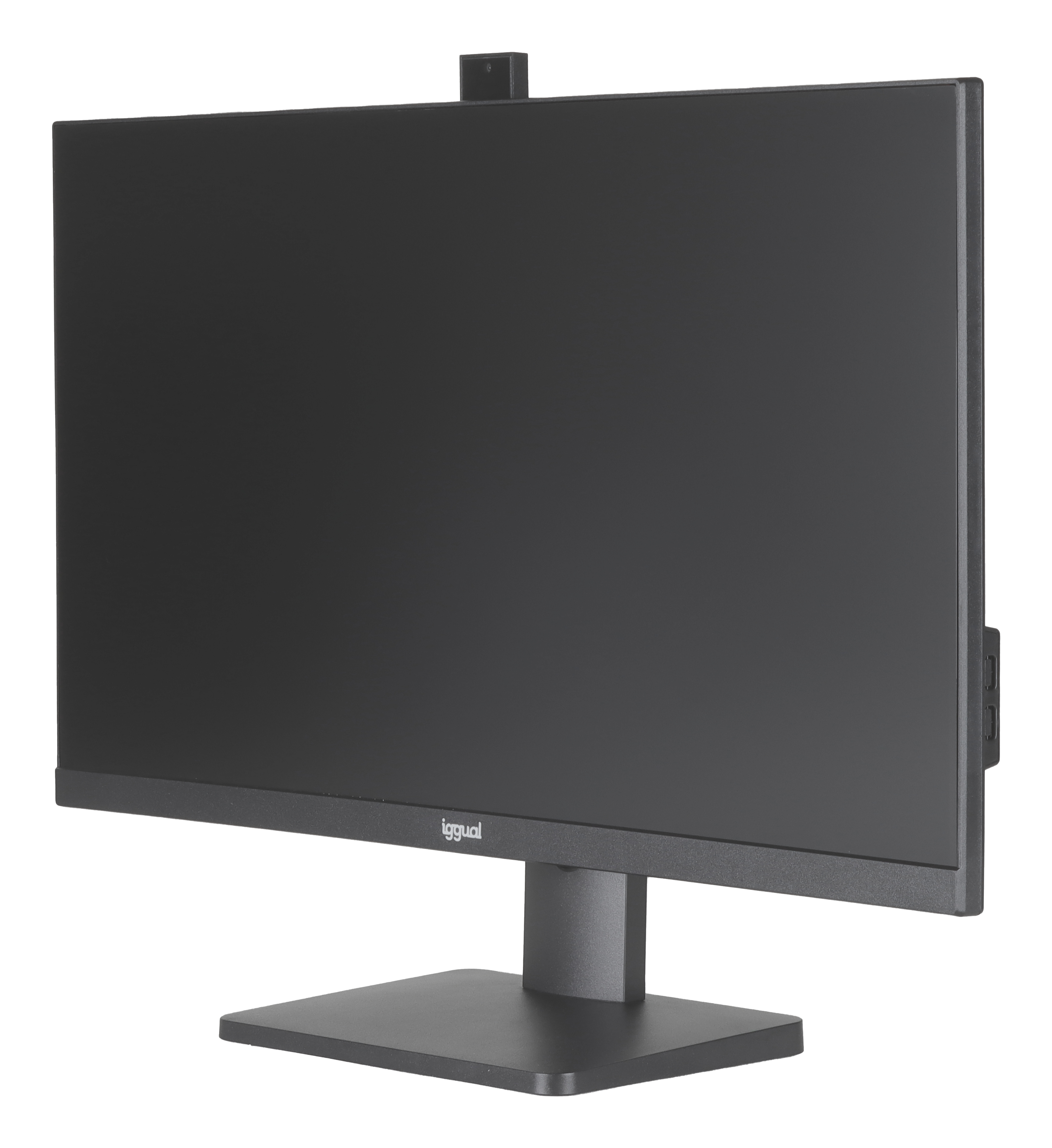 Ein dunkler Monitor mit Webcam oben. Der Monitor steht auf einem Ständer, der Hintergrund ist weiß.