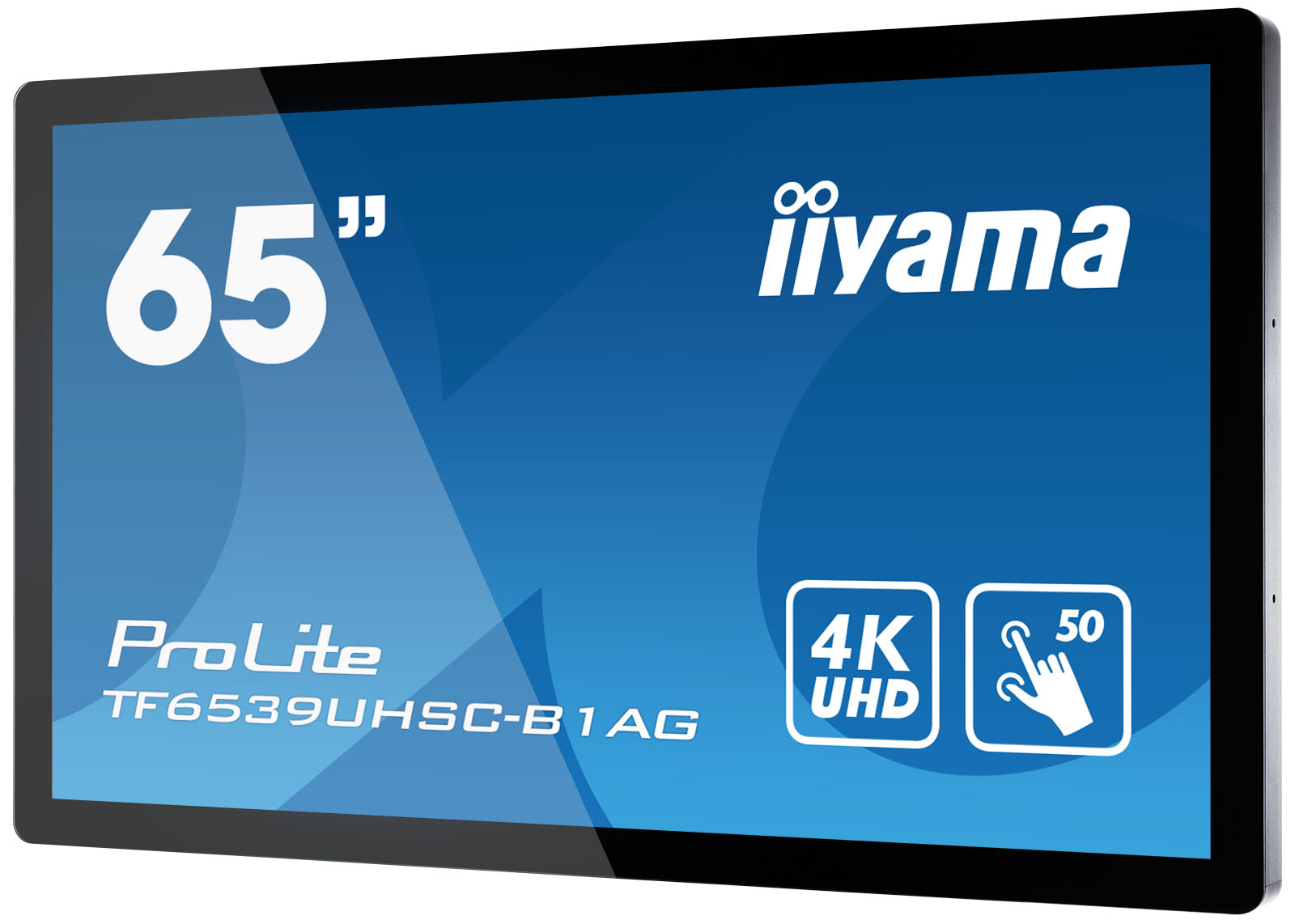 Un display iiyama ProLite da 65 pollici. Ha risoluzione 4K UHD e touchscreen. Lo schermo è nero, con sfondo blu.