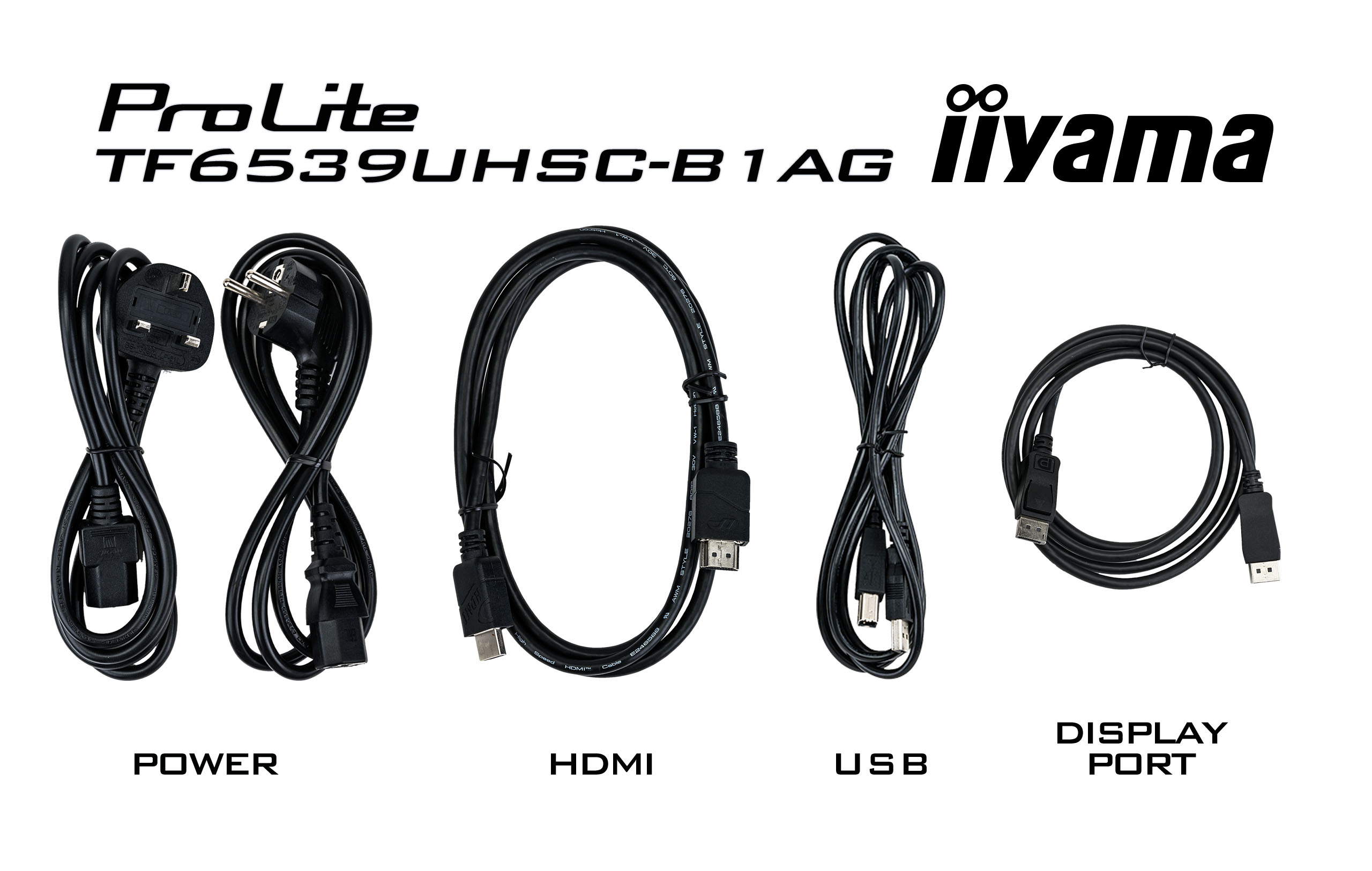L'immagine mostra cavi di alimentazione, HDMI, USB e DisplayPort. Testo: ProLite, iiyama. I cavi sono neri.