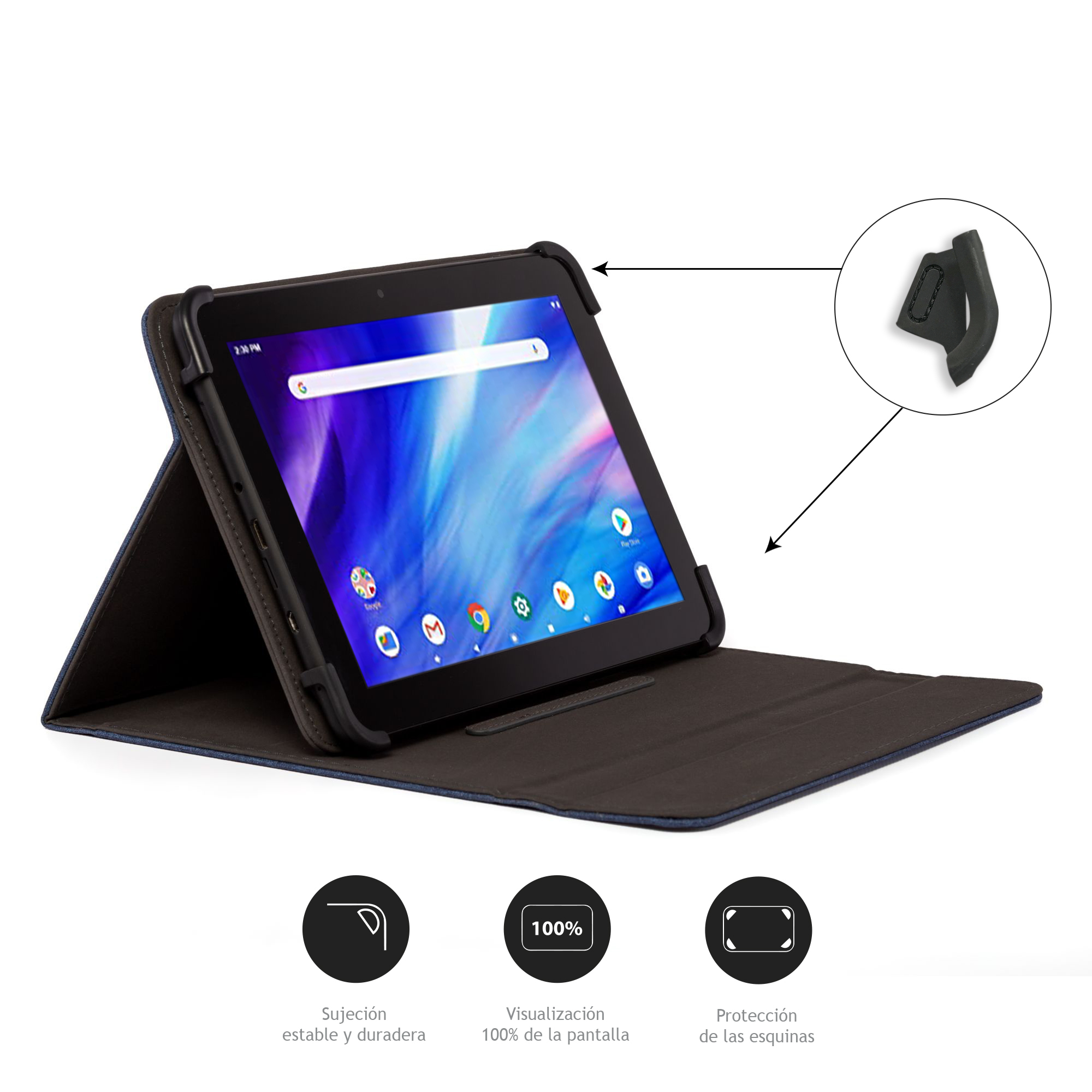 Tablet in custodia, aperto, con schermo visibile. Custodia blu e marrone. Icone e testo descrivono le funzionalità.