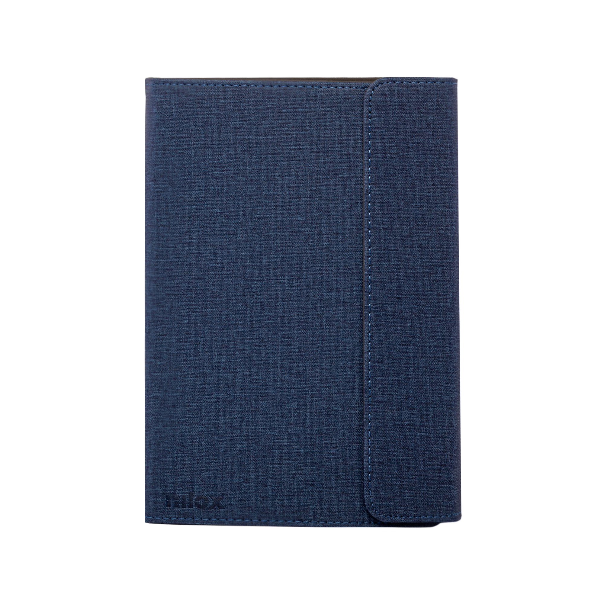 Una custodia blu per tablet su sfondo bianco. Ha una superficie strutturata con un bordo cucito e il logo 'hilox'.