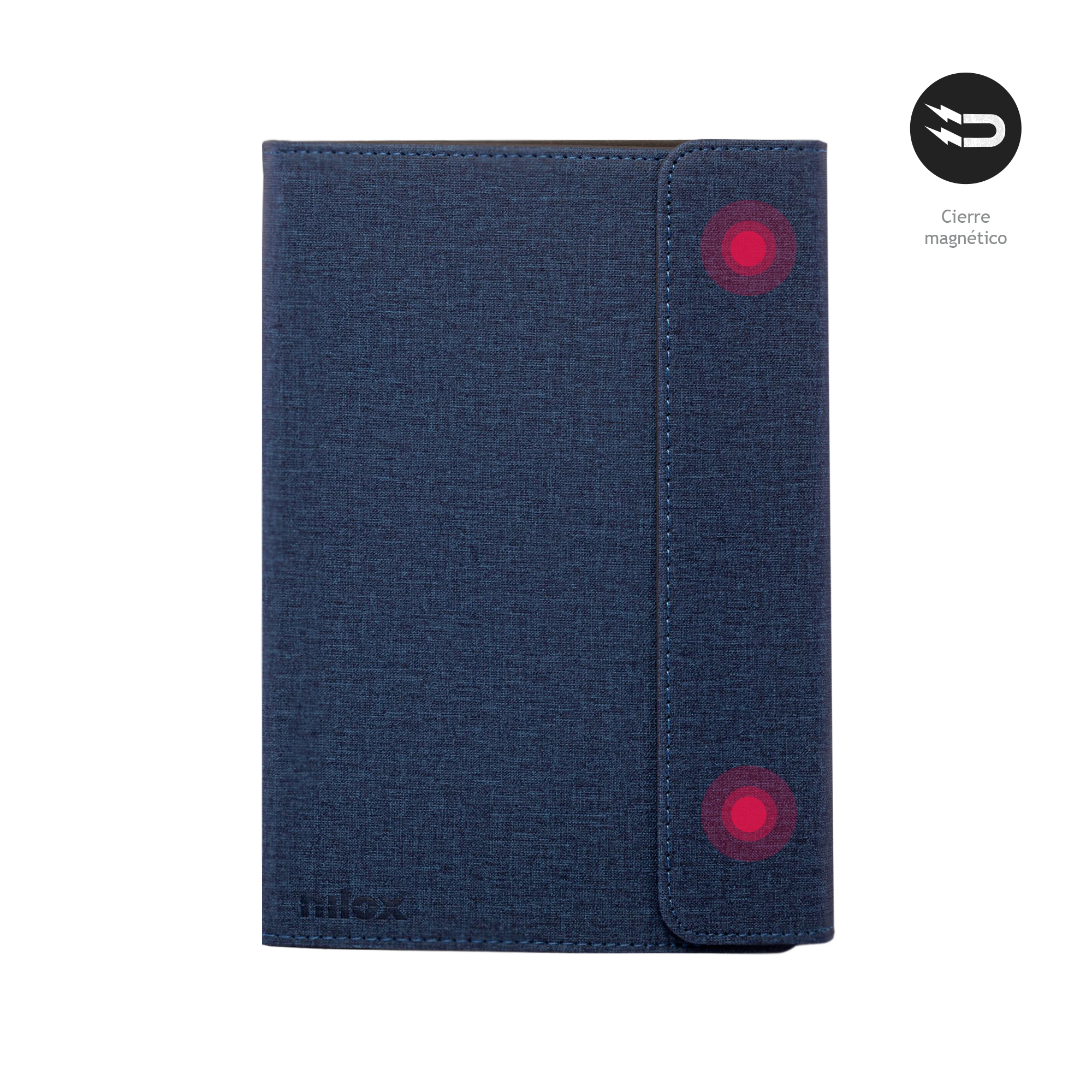 Una custodia blu per tablet con chiusura magnetica. Ha cerchi rossi che indicano i punti magnetici.