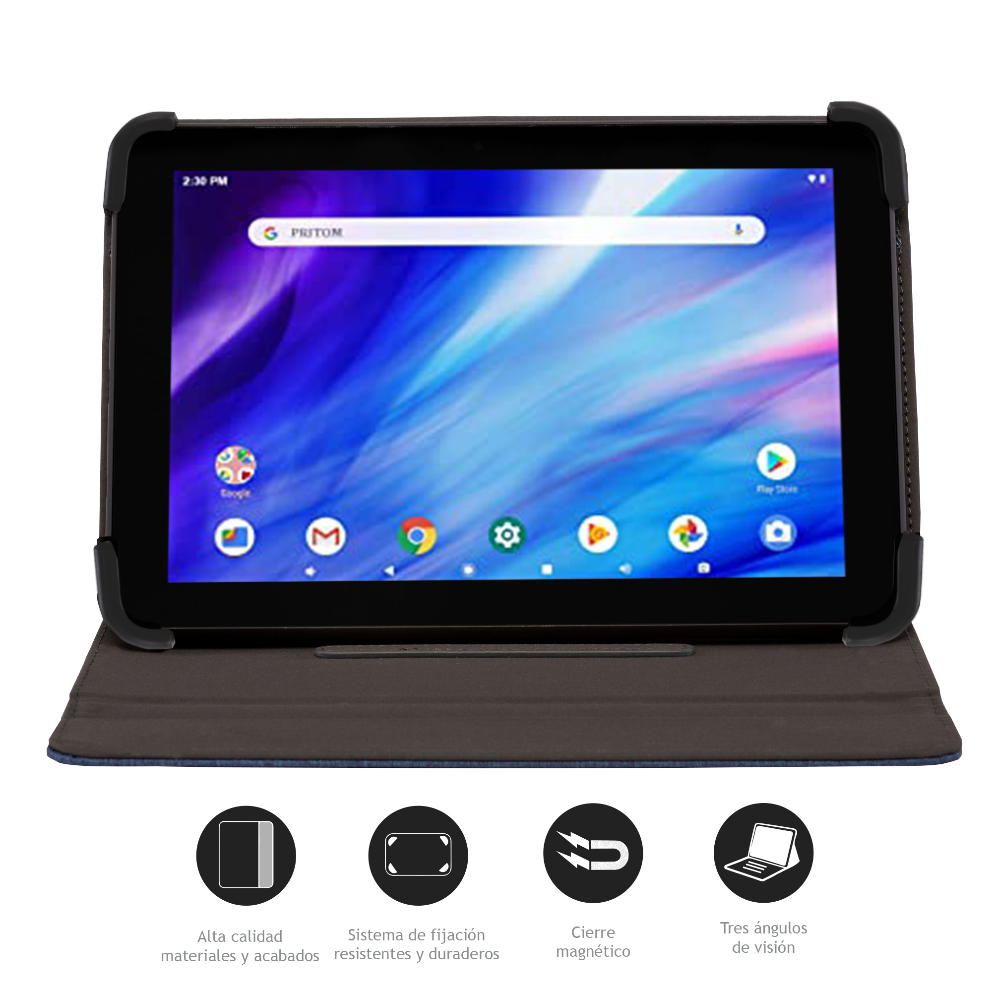 Tablet in custodia. Lo schermo mostra le app. Vengono mostrate icone per materiale, sistema di fissaggio, chiusura magnetica e angoli di visualizzazione.