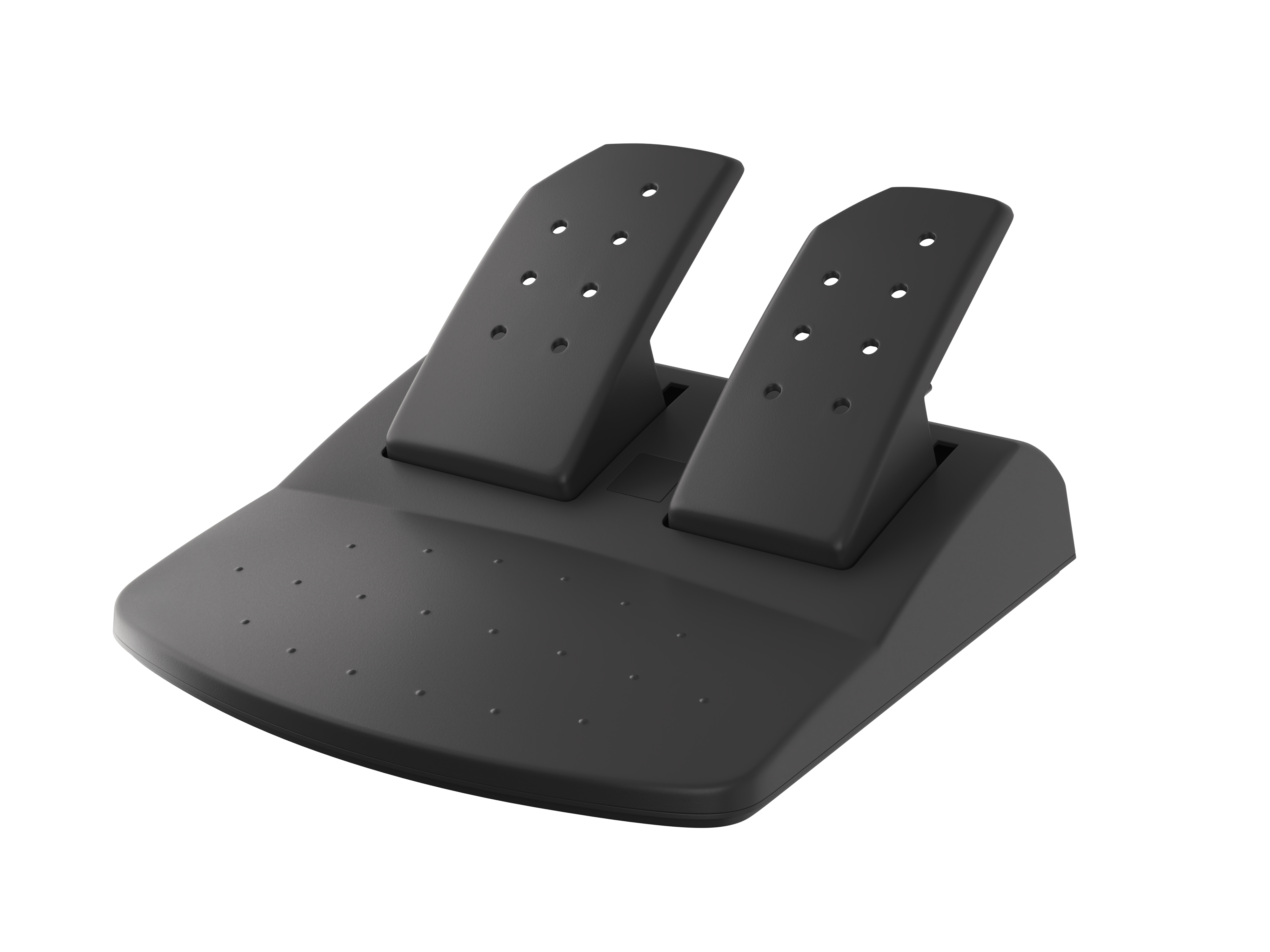 Schwarzes Fußpedal-Set, zwei Pedale mit Lochmustern, auf einem Sockel, isoliert auf weißem Hintergrund.