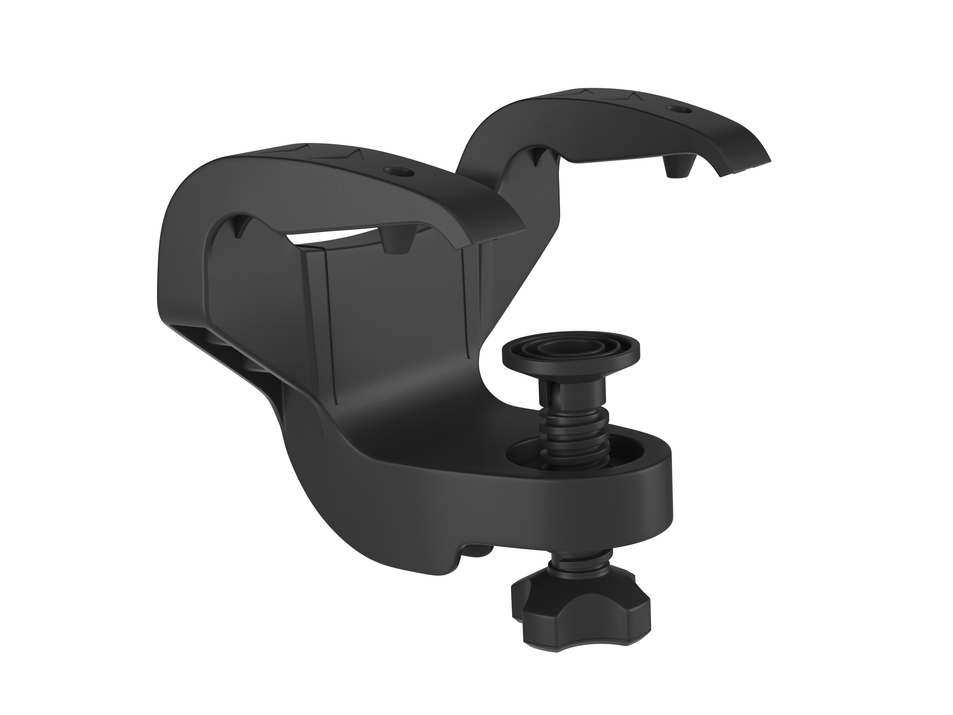 Eine schwarze Klemme mit Schraubmechanismus. Sie hat eine gebogene Oberseite und einen Sockel mit Knauf.