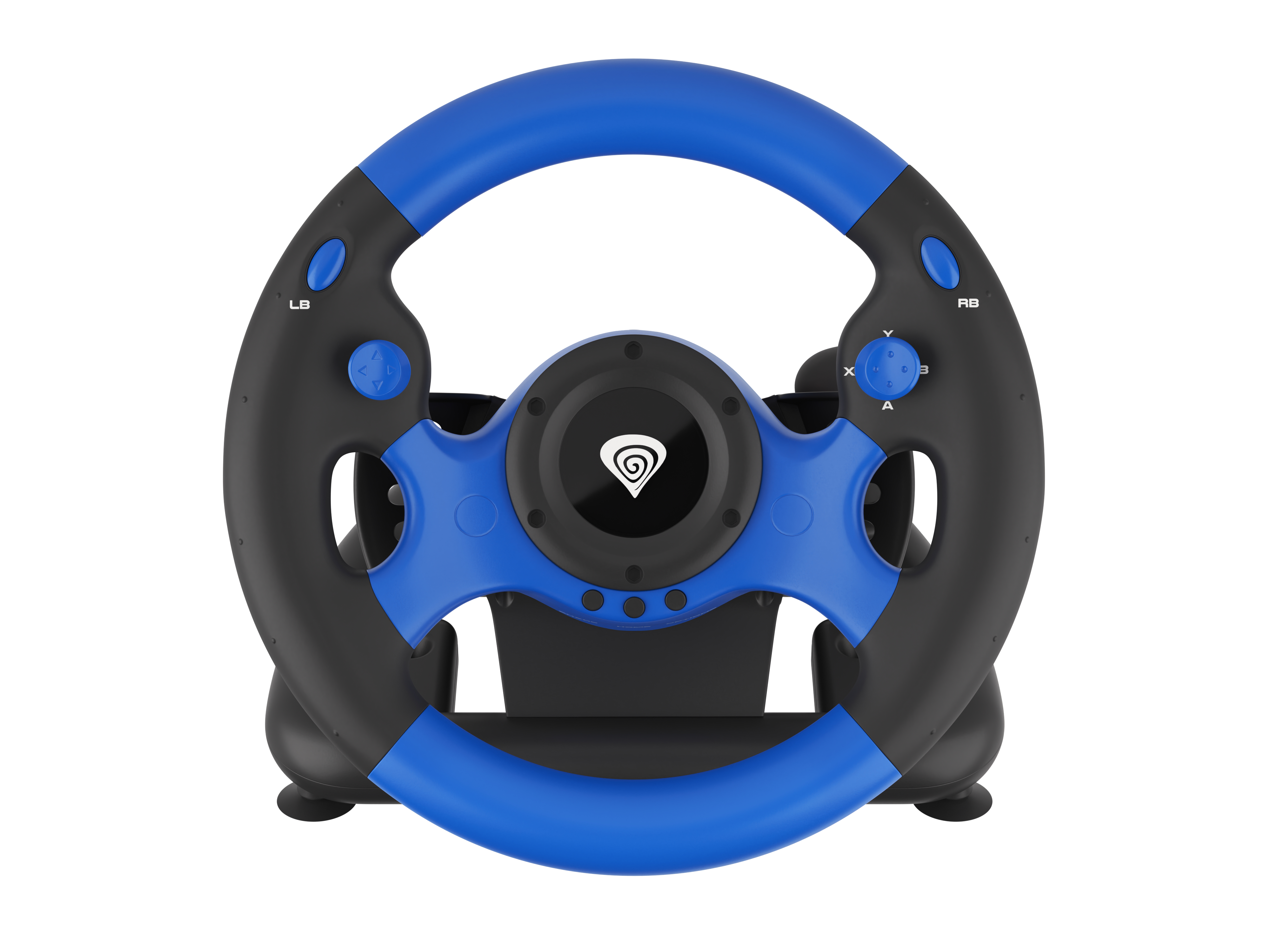 Ein blau-schwarzes Genesis-Gaming-Lenkrad mit Knöpfen und einem zentralen Logo steht auf weißem Grund.