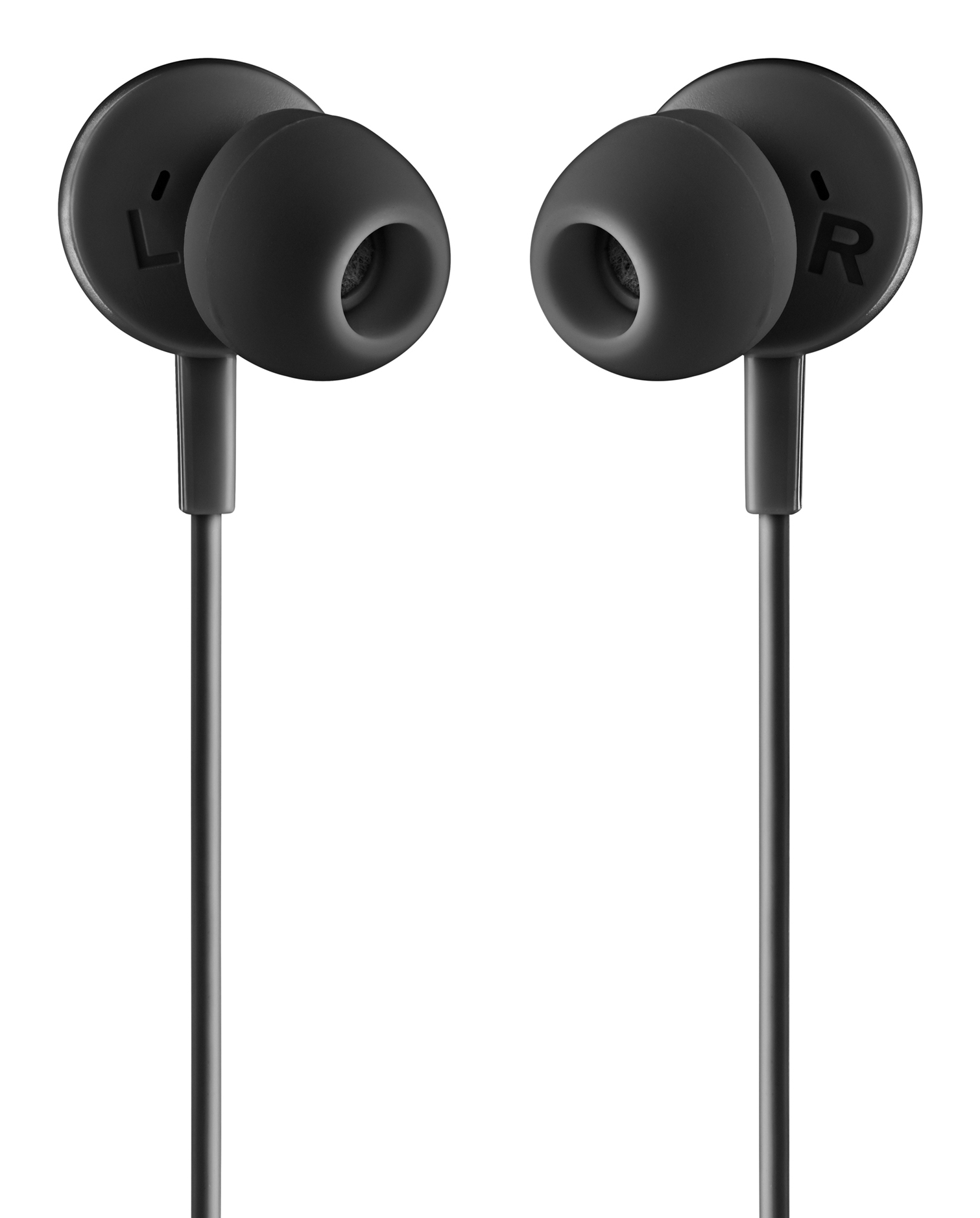 Dos auriculares negros con cable, el izquierdo con la letra 'L' y el derecho con la 'R'. Fondo blanco.