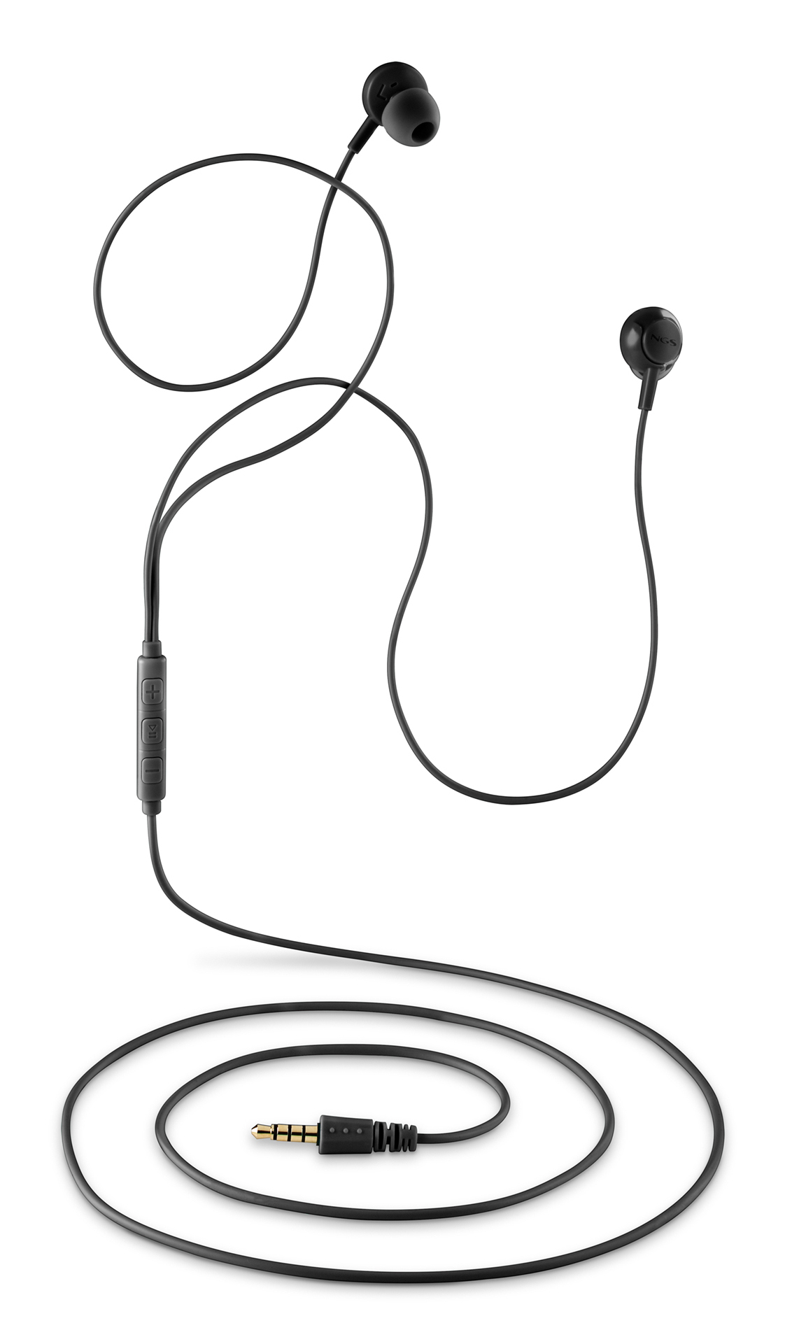 Auriculares internos negros con panel de control y conector de 3,5 mm, enrollados sobre fondo blanco.