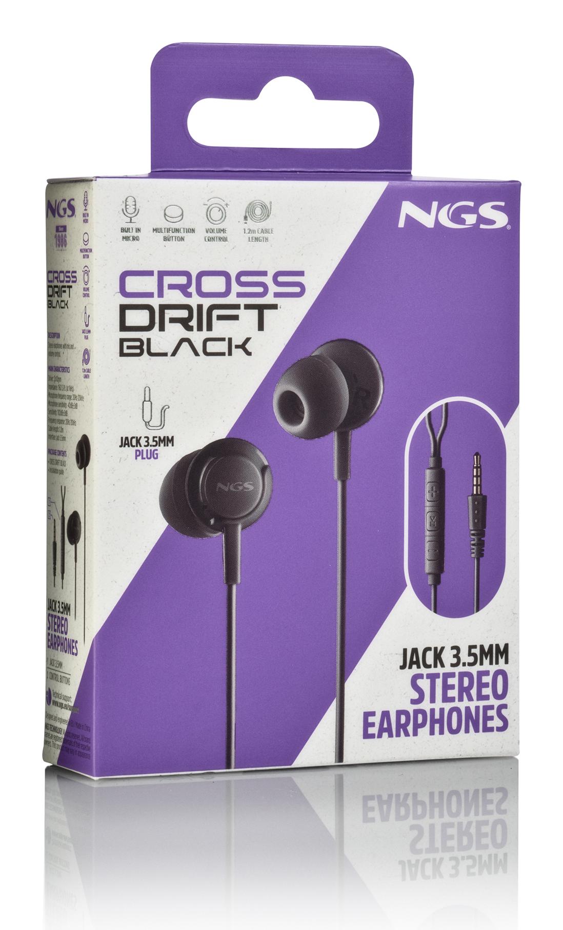 Caja de auriculares NGS Cross Drift Black. Incluye auriculares, conector de 3,5 mm y botones de control. Embalaje morado y blanco.