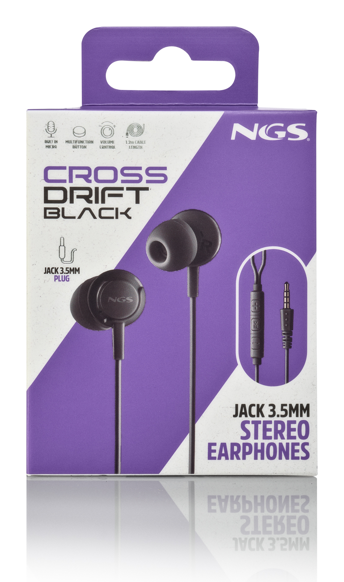 La caja de auriculares muestra auriculares negros. La caja es morada y blanca con la marca NGS e información del producto.