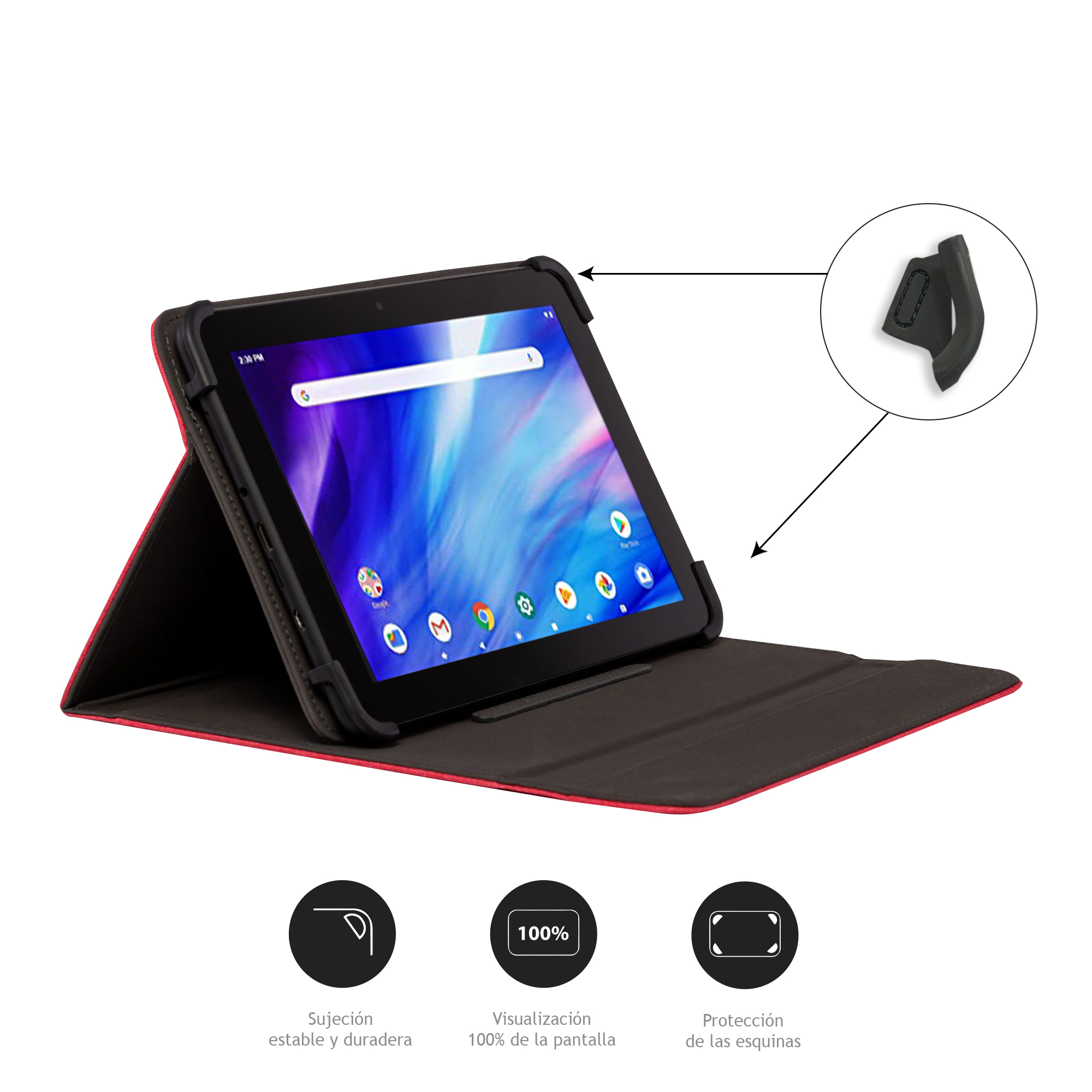 Un tablet in una custodia rossa e nera, che mostra lo schermo con le app. Dettagli degli accessori in un cerchio.