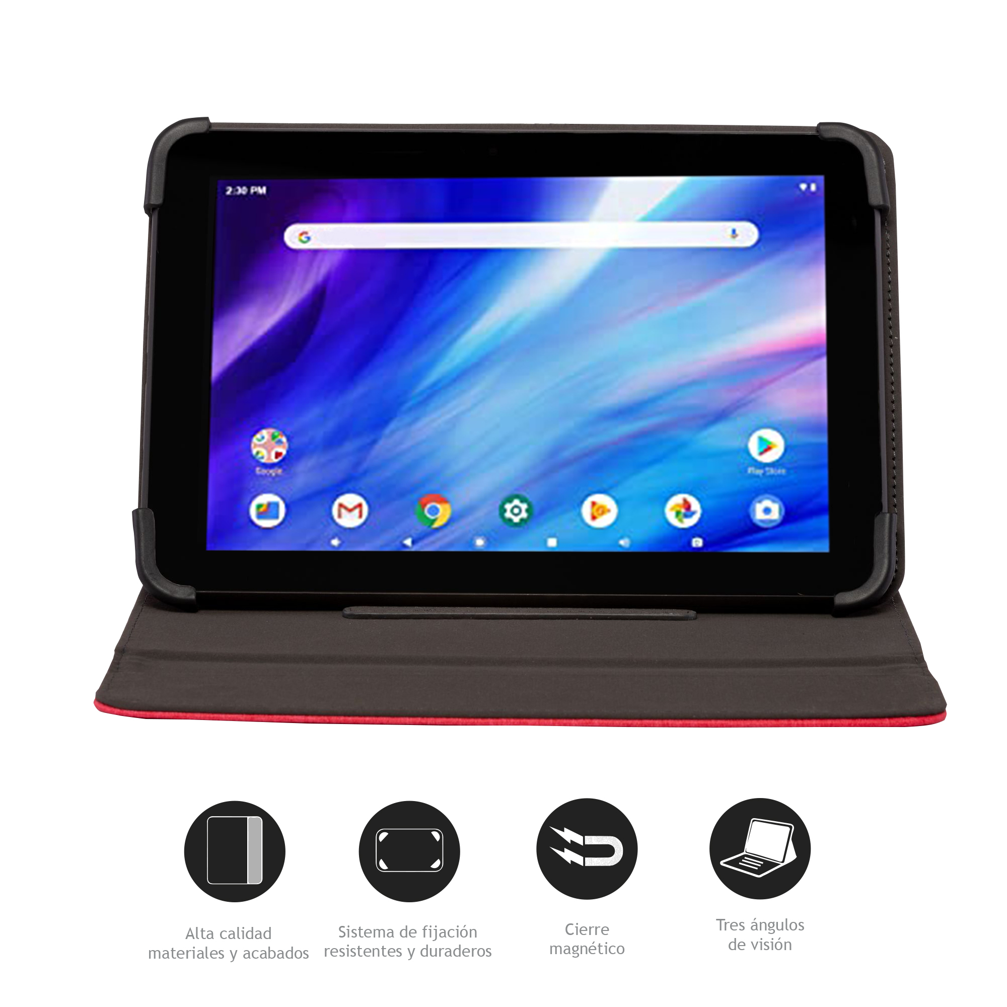 Tablet in custodia nera, aperto. Lo schermo mostra la pagina di ricerca di Google. Icone in basso. La custodia ha un bordo rosso.
