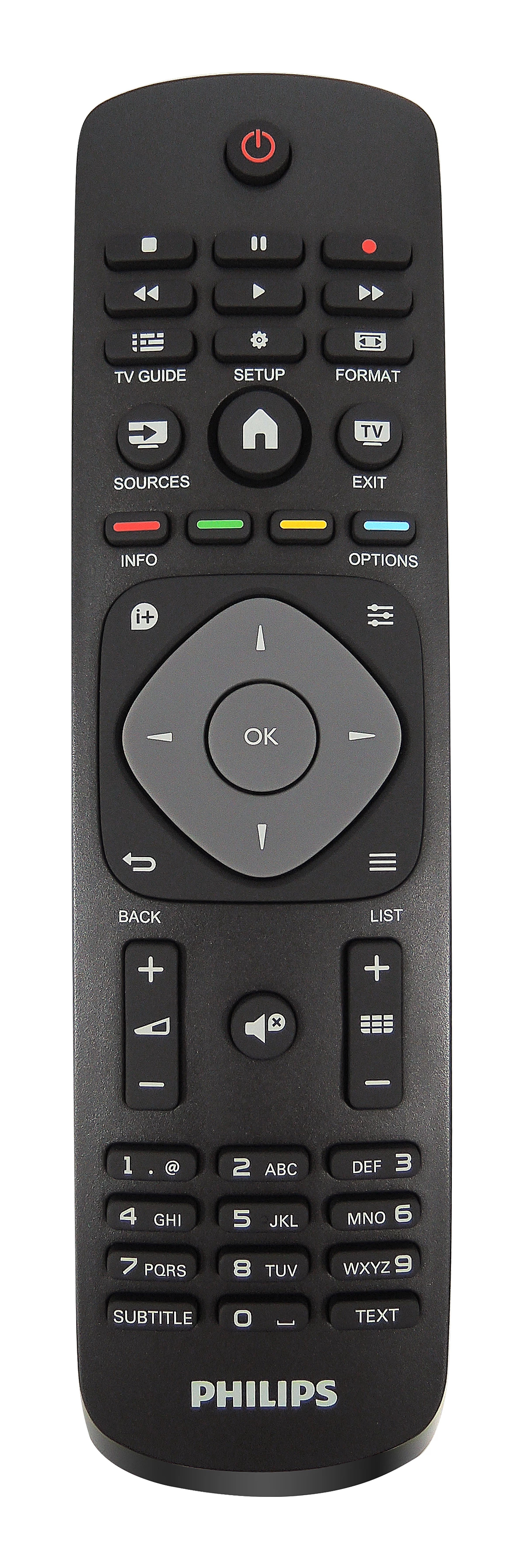Czarny pilot Philips z przyciskami zasilania, głośności, kanałów i centralnym panelem nawigacyjnym.