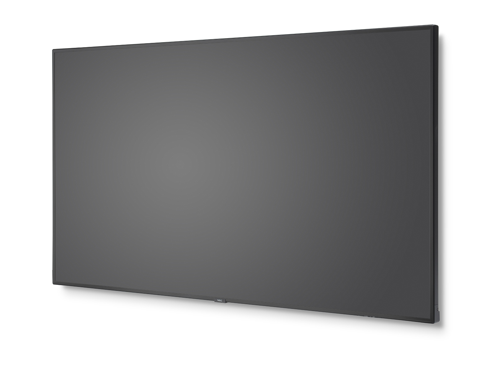 Un grande schermo rettangolare grigio, probabilmente una TV o un monitor, montato su una parete bianca.