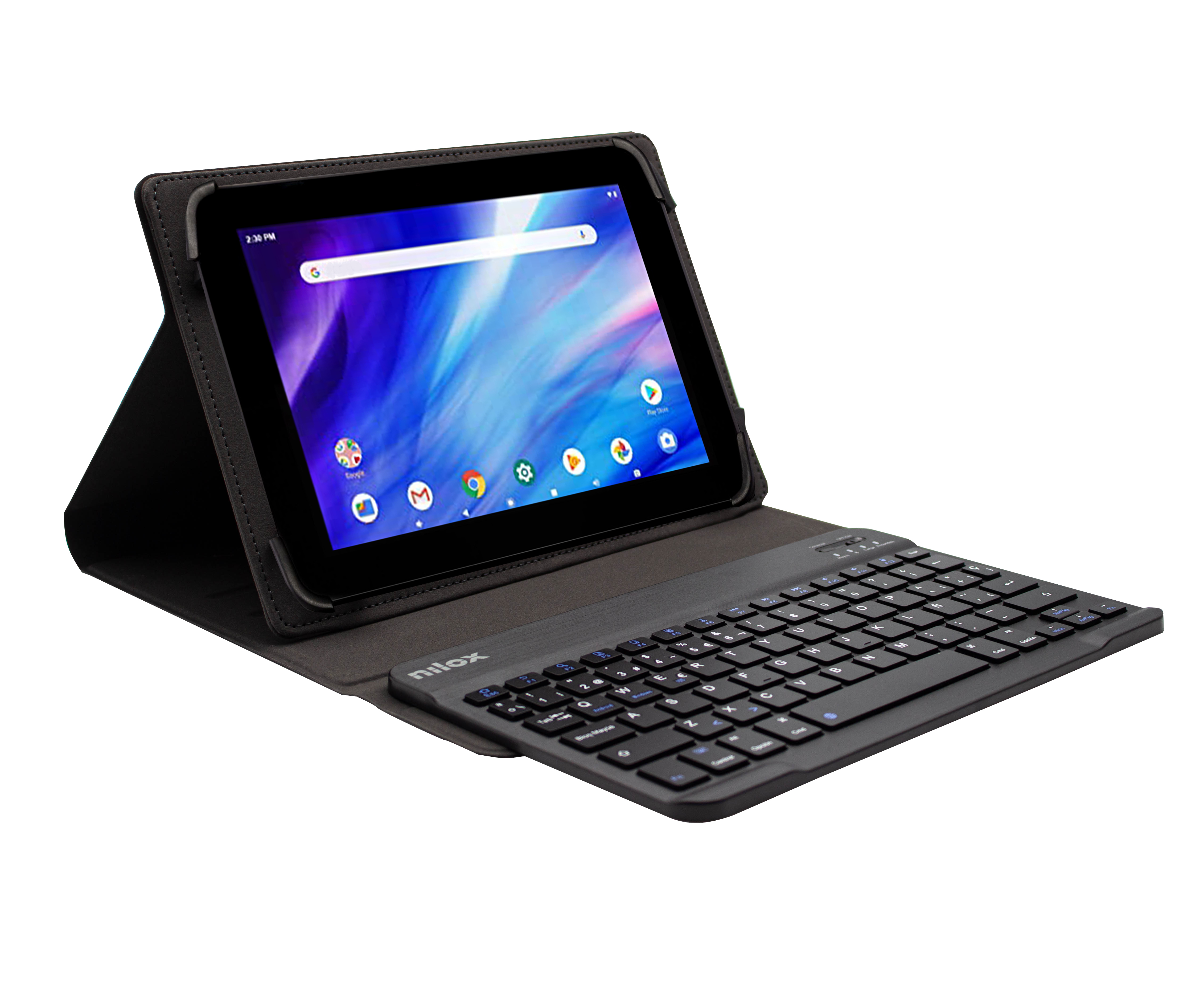 Tableta con teclado adjunto. La tableta está en una funda negra. Iconos de aplicaciones de Google visibles.