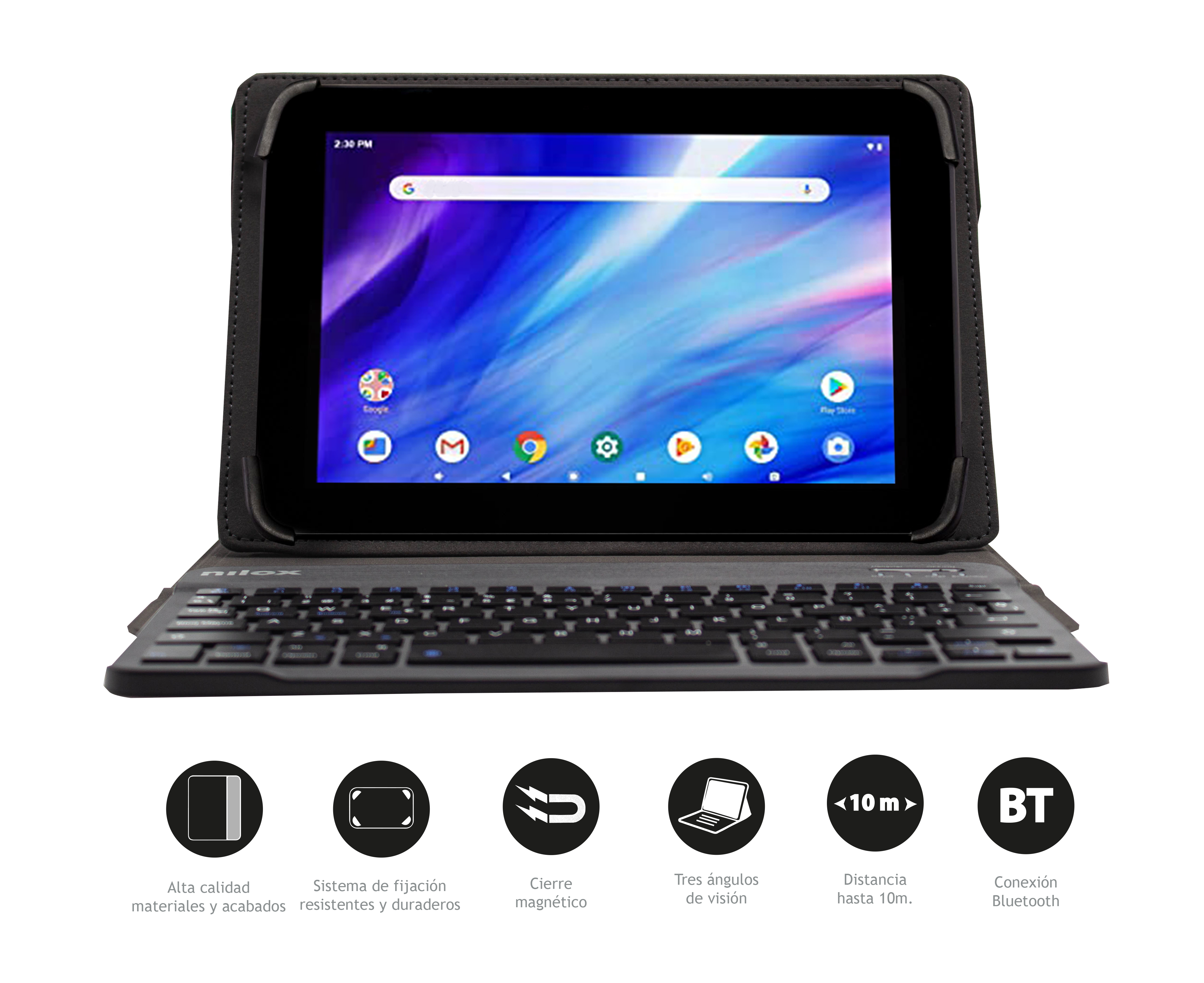 Tableta con teclado. La pantalla muestra la barra de búsqueda de Google. Los iconos son visibles. Los iconos de información alrededor del dispositivo también son visibles.