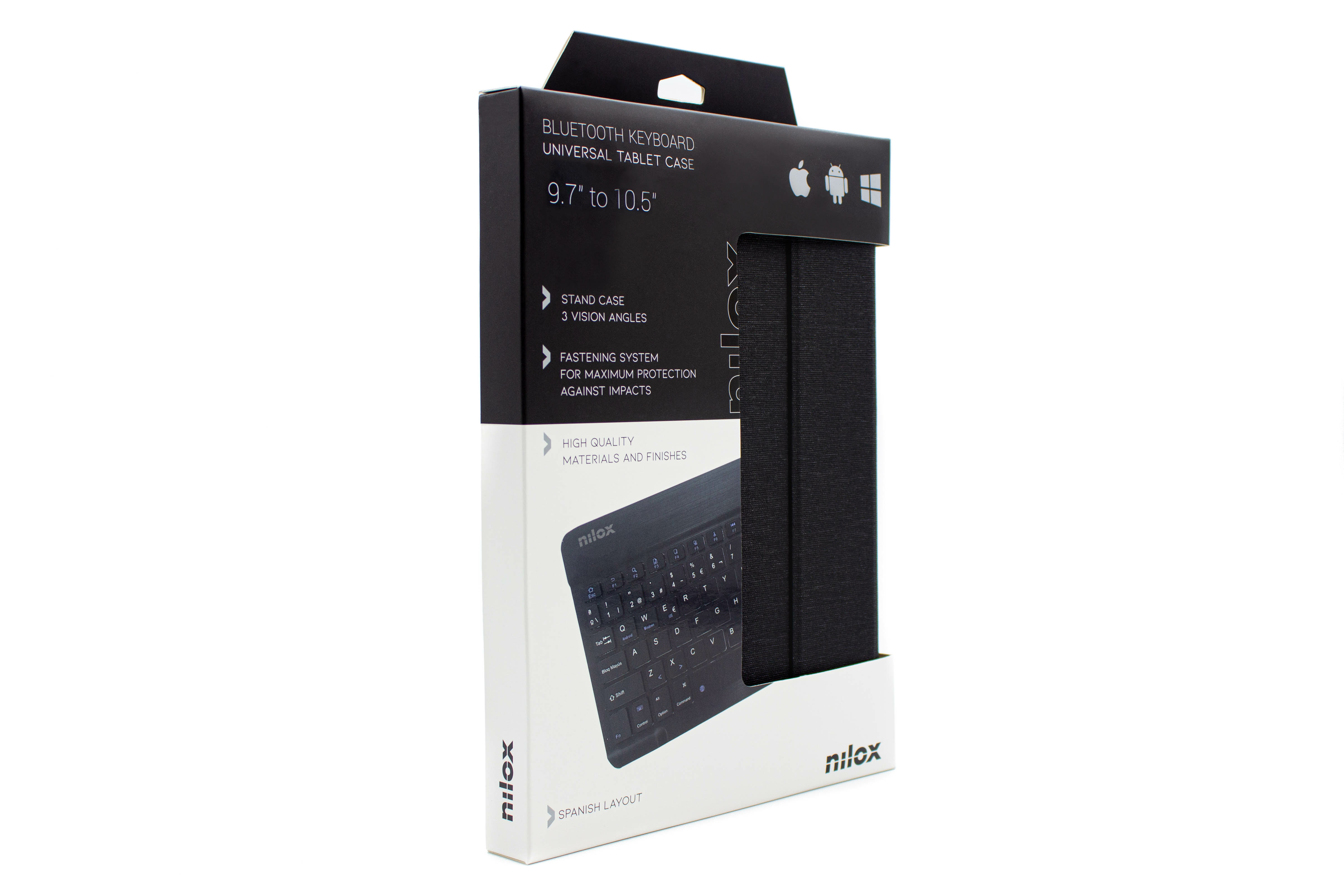 Una caja de funda para teclado de tableta, en blanco y negro, con la marca 'nilox'.