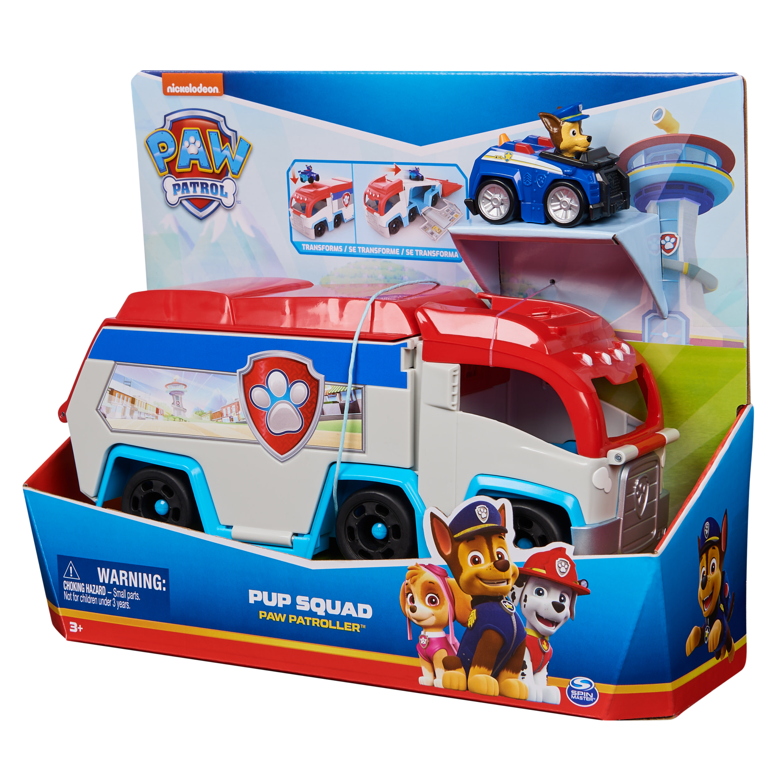 Juego de juguetes de la Patrulla Canina en embalaje. El juego incluye un camión rojo y blanco y un coche azul con una figura de perro.