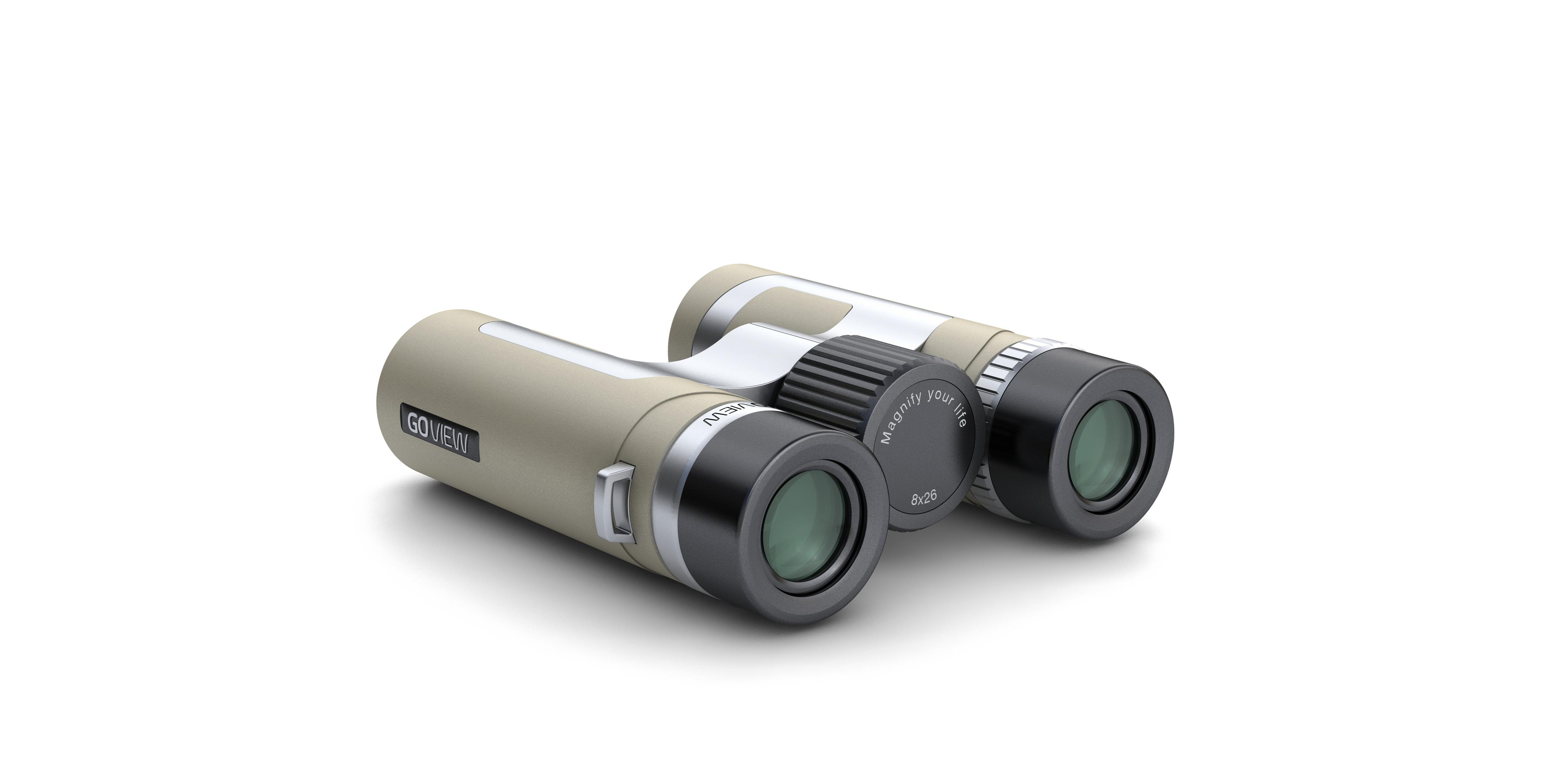 Binocolo beige e argento su bianco. Il binocolo ha bordi neri per lenti. Il testo "GOVIEW" è visibile.
