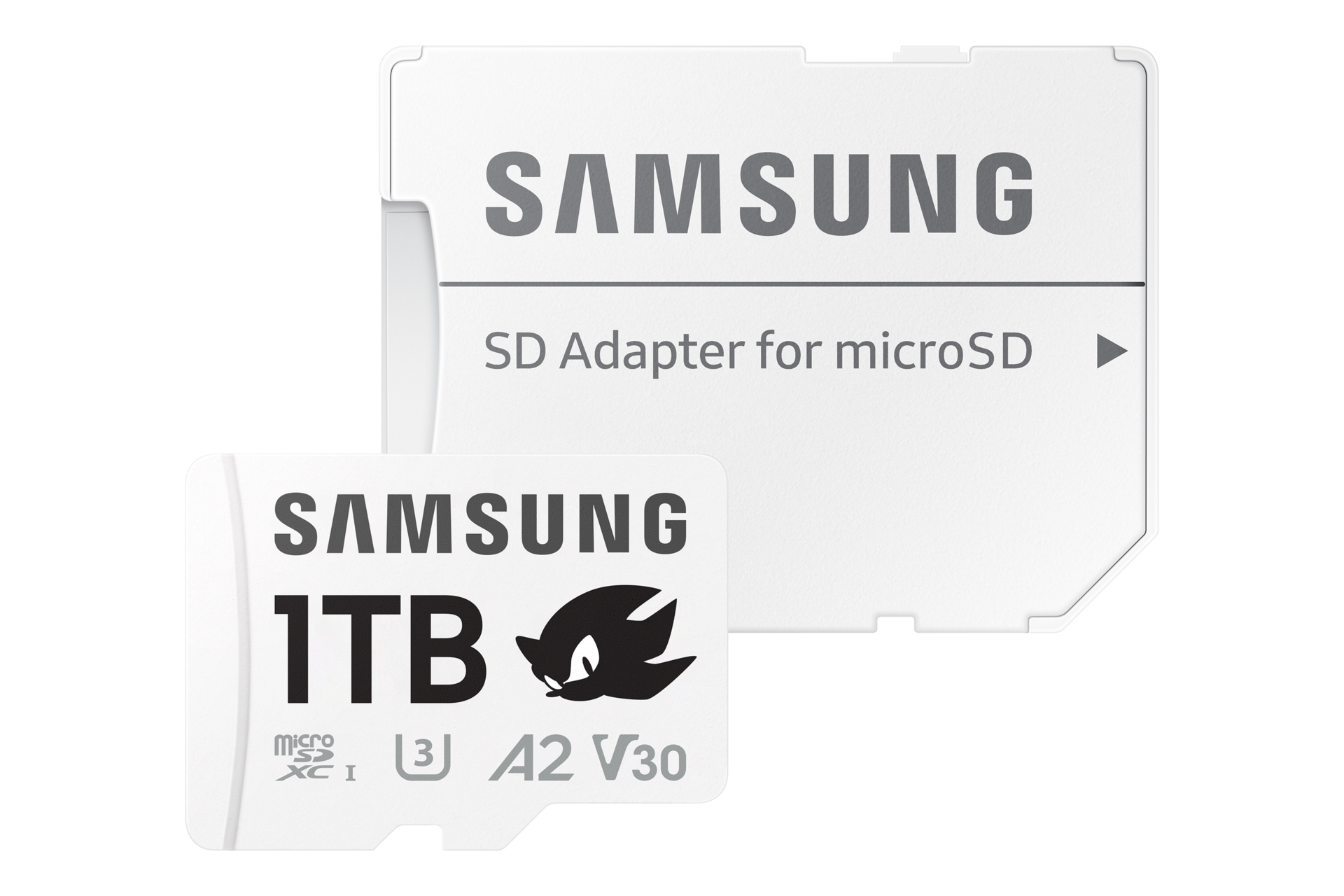 Biała karta SD i adapter Samsung. Na karcie wydrukowano 1 TB, widoczne jest logo Sonic the Hedgehog.