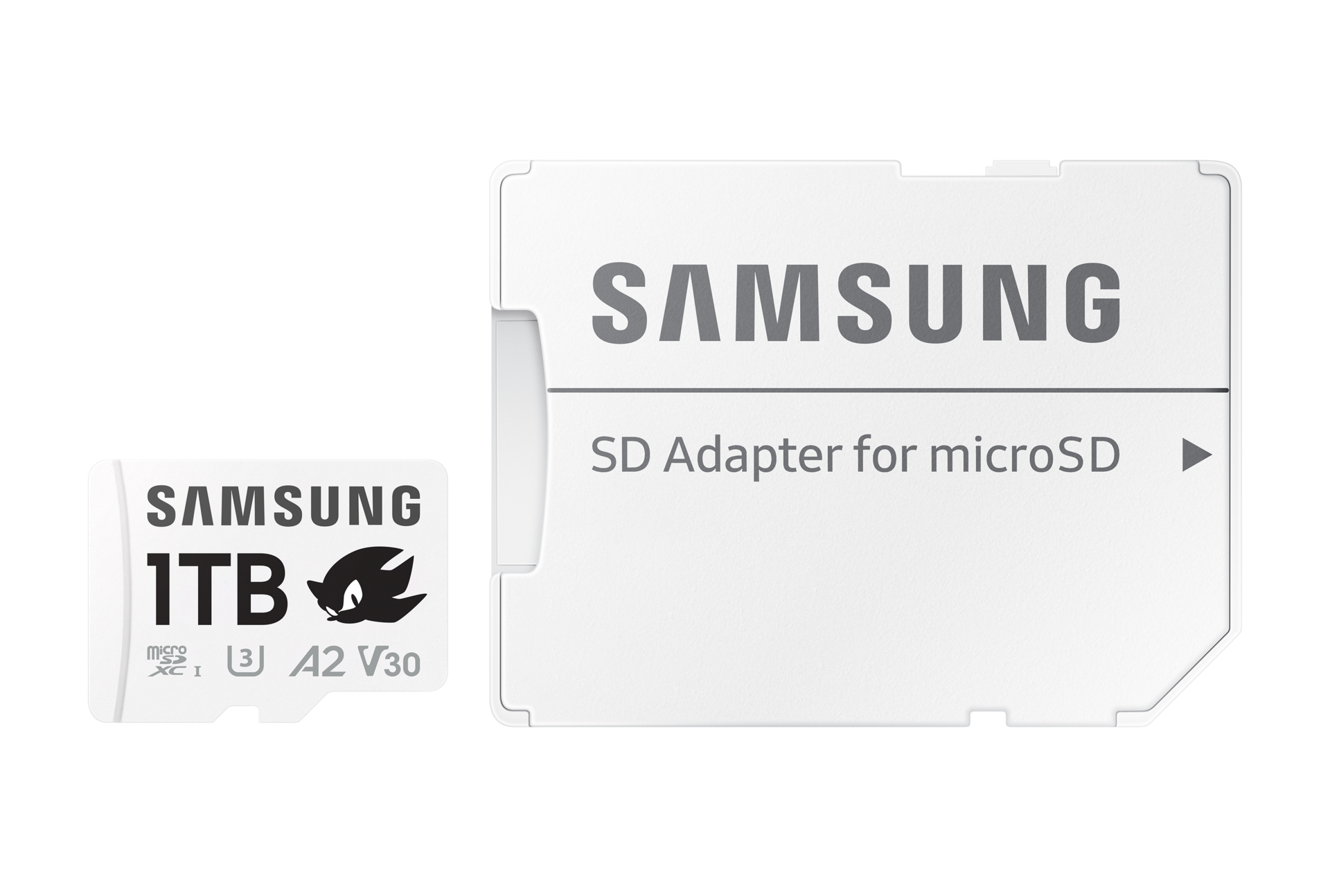 Karta microSD i adapter Samsung. Karta pokazuje pojemność 1 TB i logo podobne do Sonica. Adapter ma markę Samsung.
