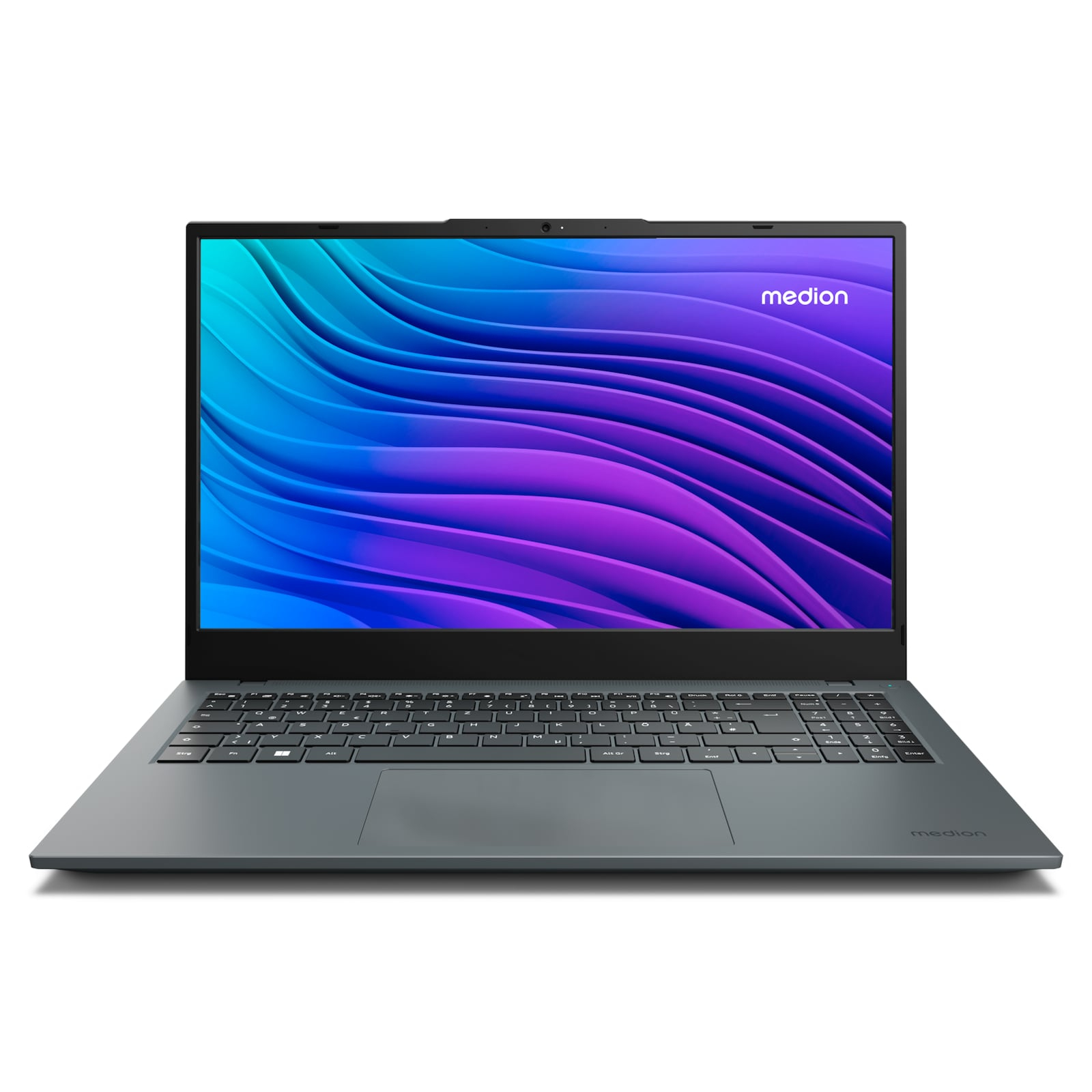 Portátil Medion gris. La pantalla muestra un diseño abstracto azul y morado. Teclado visible. Fondo blanco.
