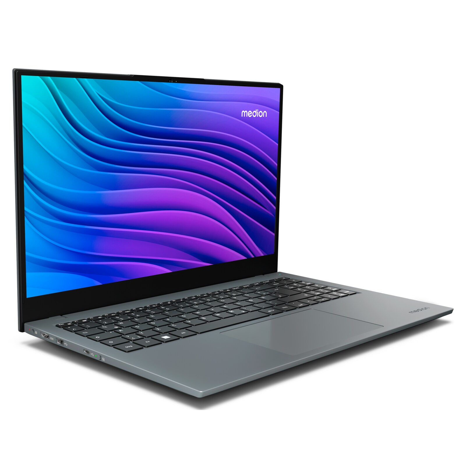 Un portátil Medion gris. La pantalla muestra un diseño ondulado colorido. El teclado es negro.