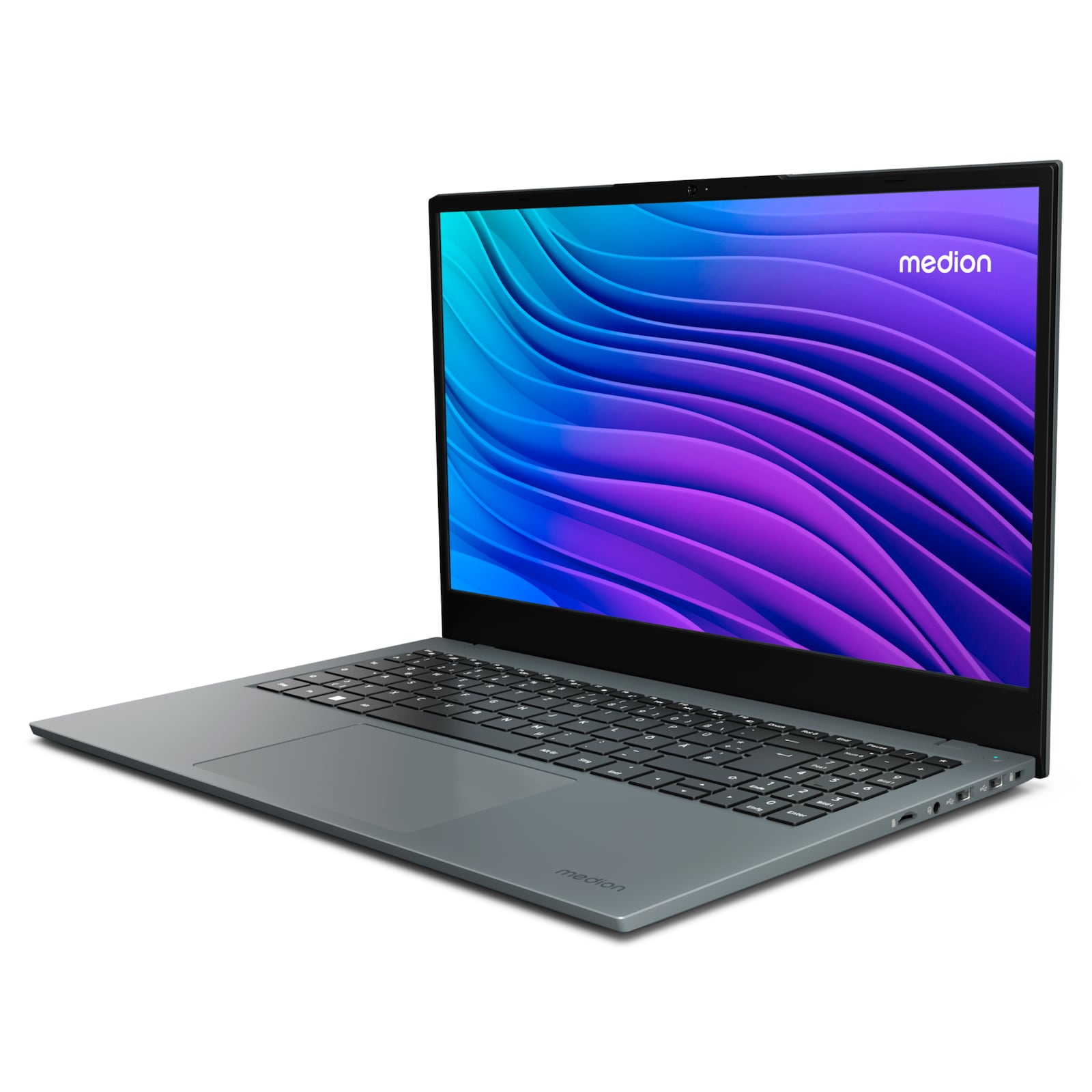 Un portátil Medion gris. La pantalla muestra un diseño de ondas azules, moradas y blancas. Teclado visible. Fondo blanco.