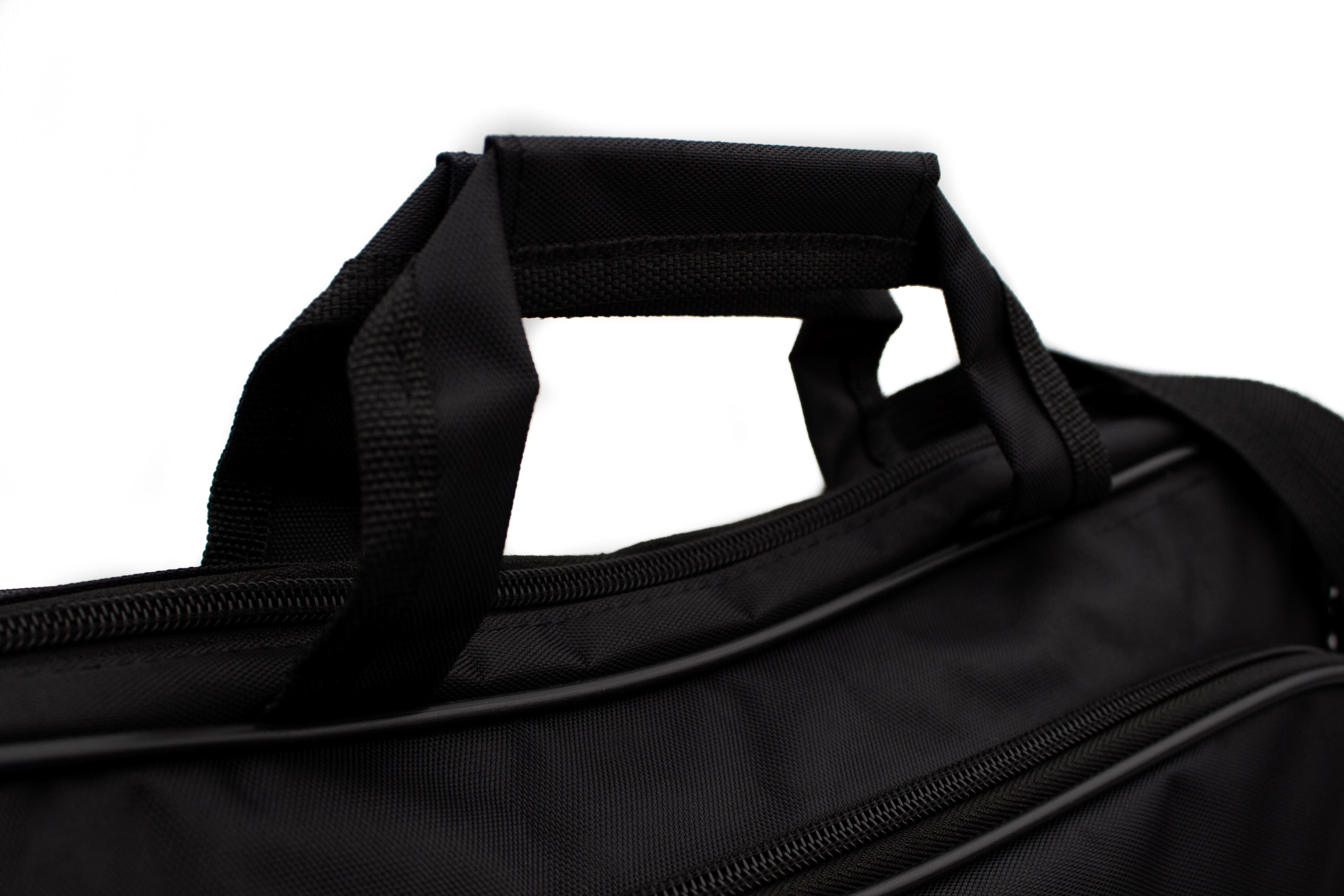 Primer plano de un asa de bolso negro. La bolsa es negra con cremallera. El fondo es blanco.
